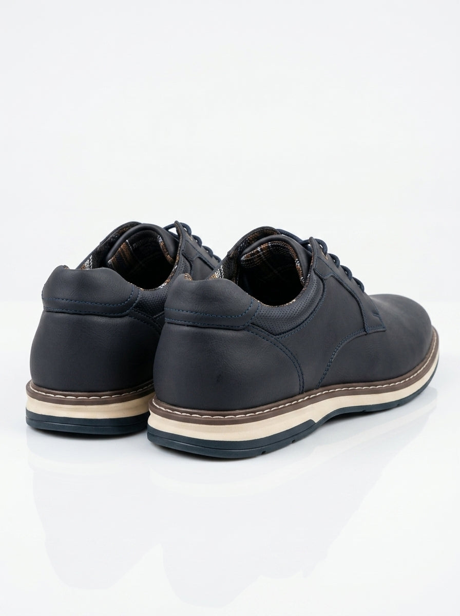 Men's Navy Blue Perforated Leather Derby Shoes - Casual Business Dress Sneakers