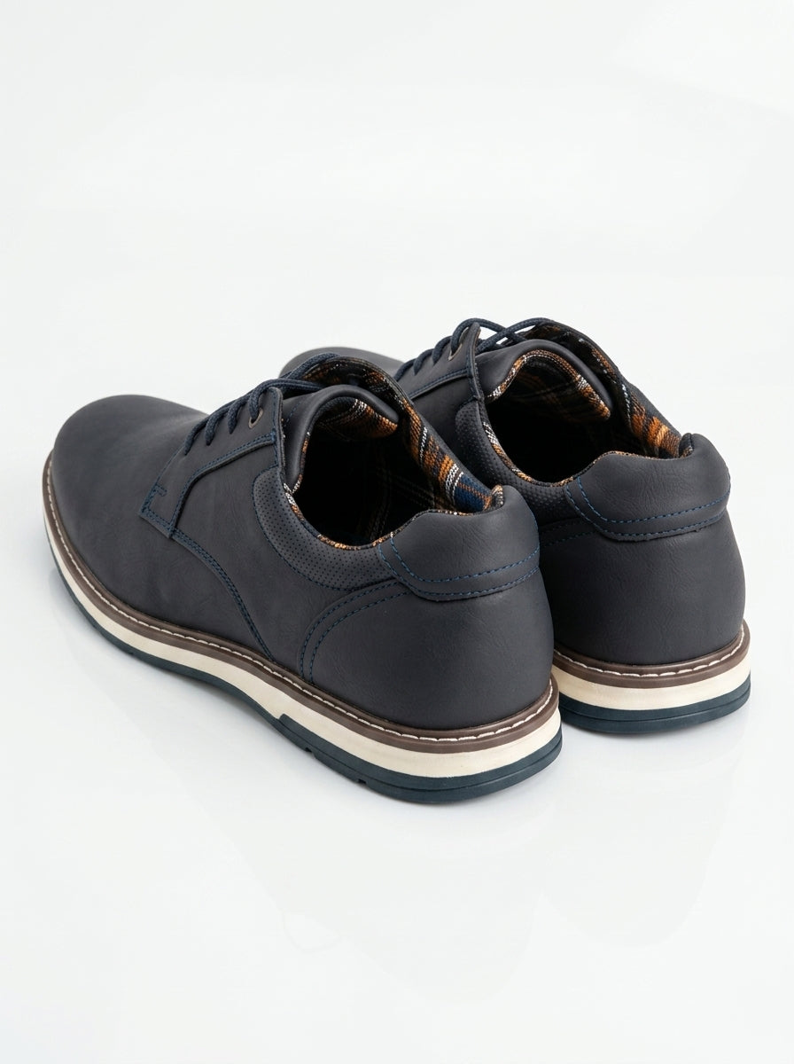 Men's Navy Blue Perforated Leather Derby Shoes - Casual Business Dress Sneakers