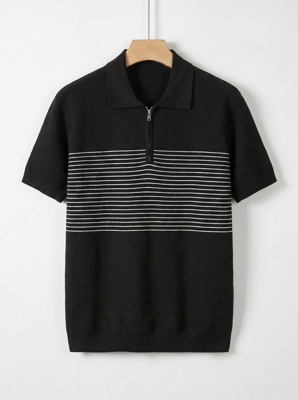 Men's Textured Quarter-Zip Knit Polo Shirt – with Striped Accent