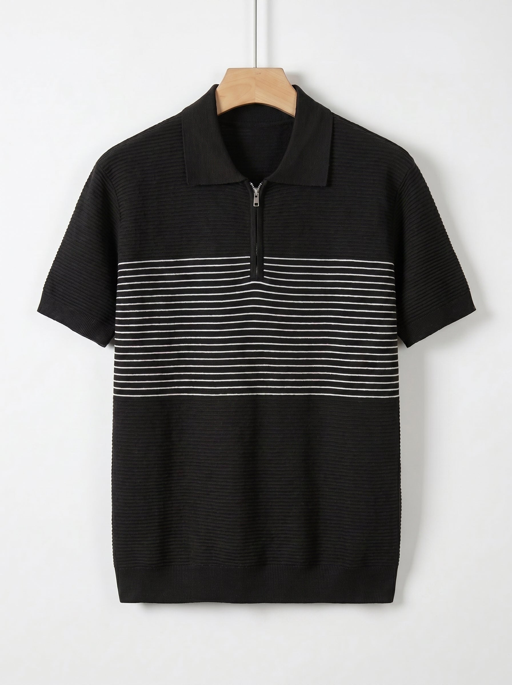 Men's Textured Quarter-Zip Knit Polo Shirt – with Striped Accent