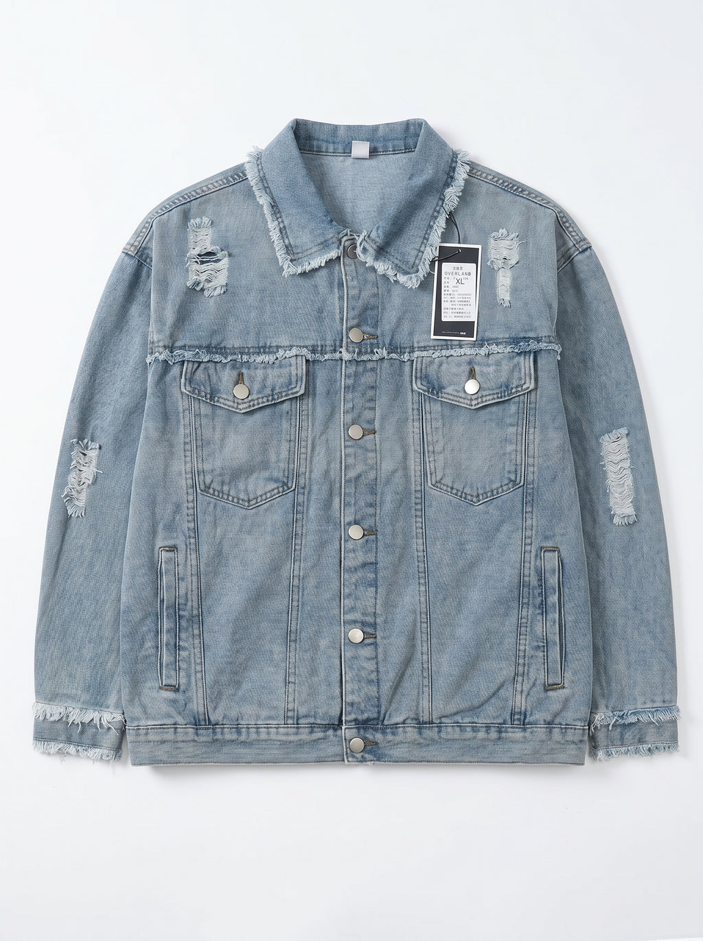 Men's Heavily Distressed Light Wash Denim Jacket – Oversized Ripped Jean Jacket with Frayed Edges
