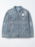 Men's Heavily Distressed Light Wash Denim Jacket – Oversized Ripped Jean Jacket with Frayed Edges