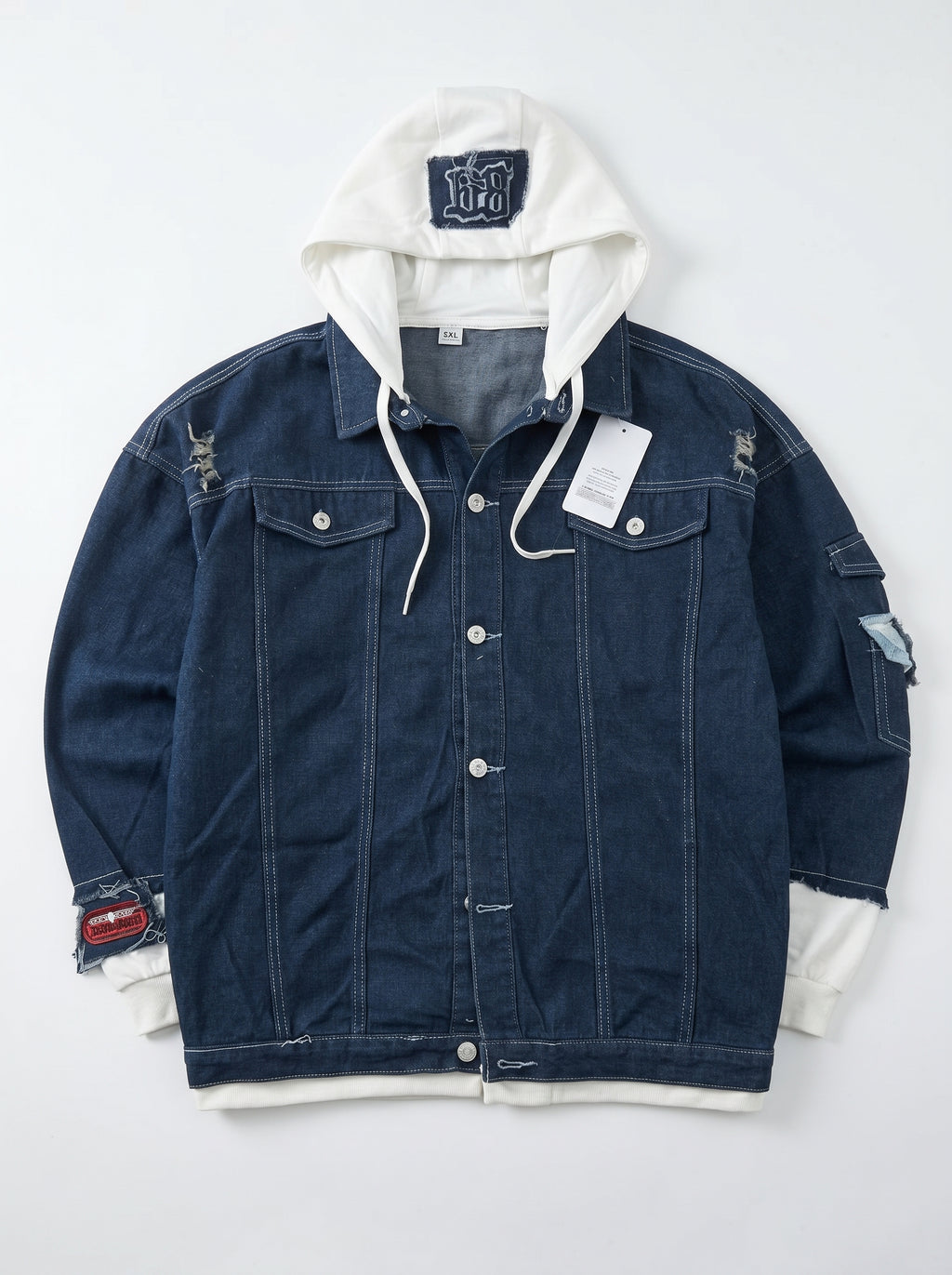 Men's Distressed Denim Jacket with Contrast Hood – Oversized Frayed Jean Jacket with Patch Details