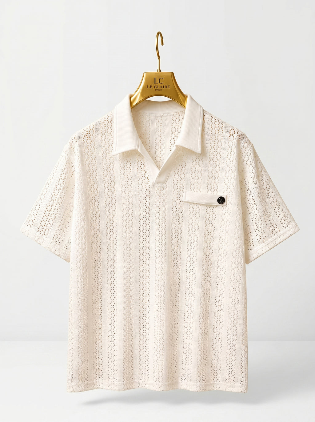 Vintage Leaf Pattern Textured Knit Polo Shirt – Short Sleeve Button-Up Cardigan