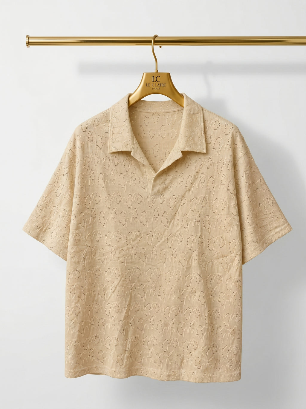 Vintage Leaf Pattern Textured Knit Polo Shirt – Short Sleeve Button-Up Cardigan
