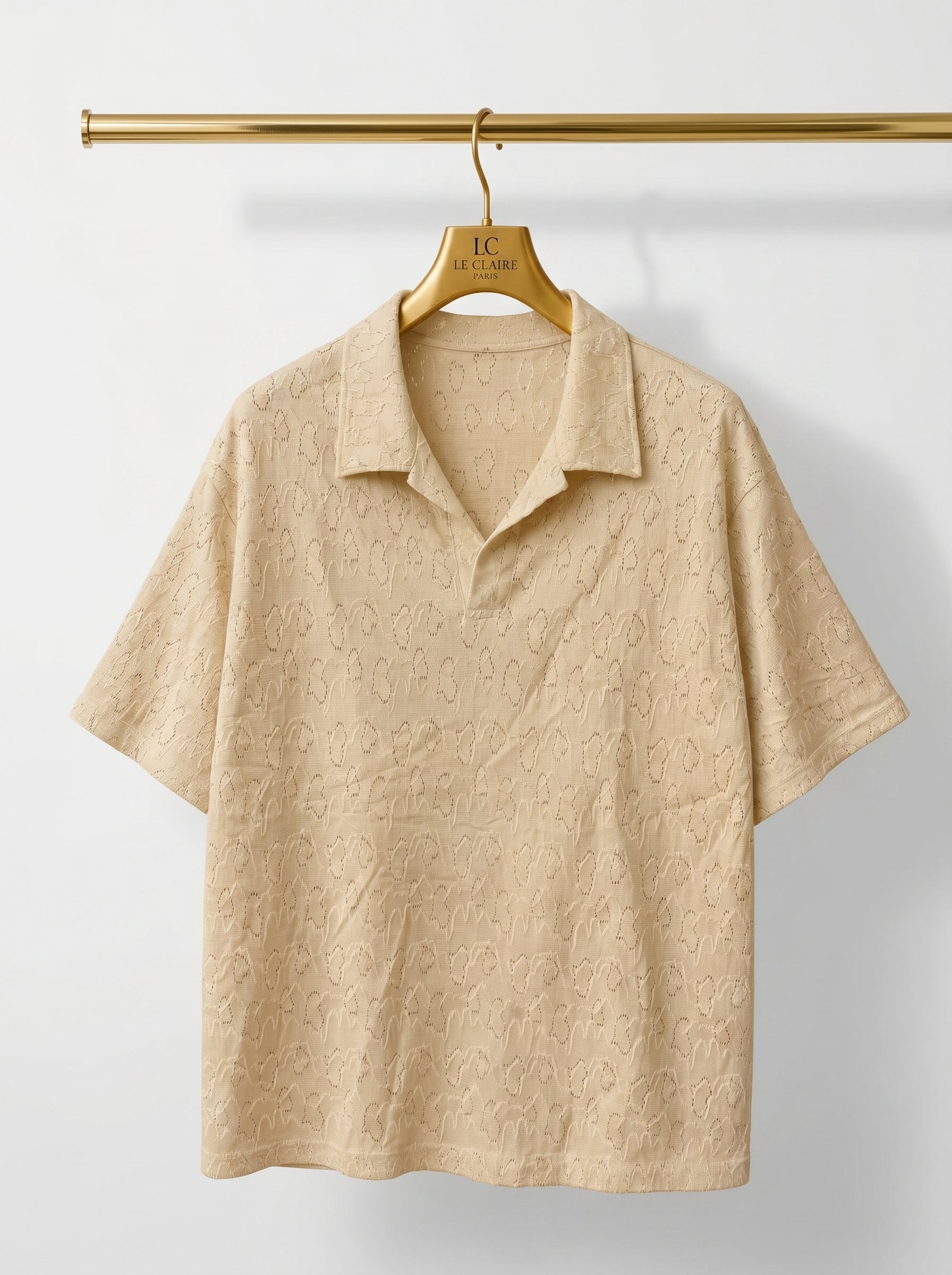 Vintage Leaf Pattern Textured Knit Polo Shirt – Short Sleeve Button-Up Cardigan