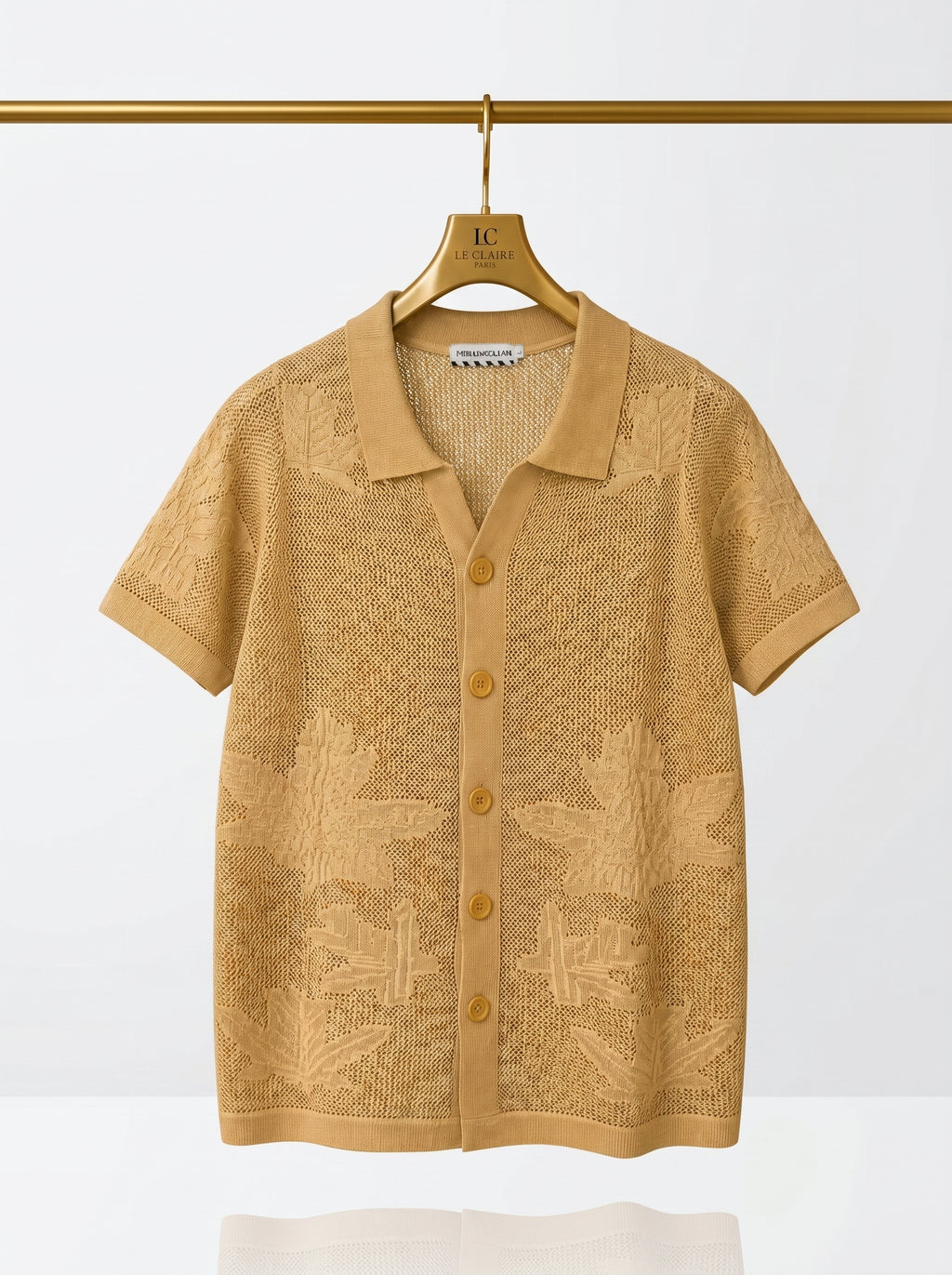 Vintage Leaf Pattern Textured Knit Polo Shirt – Short Sleeve Button-Up Cardigan