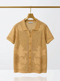 Vintage Leaf Pattern Textured Knit Polo Shirt – Short Sleeve Button-Up Cardigan