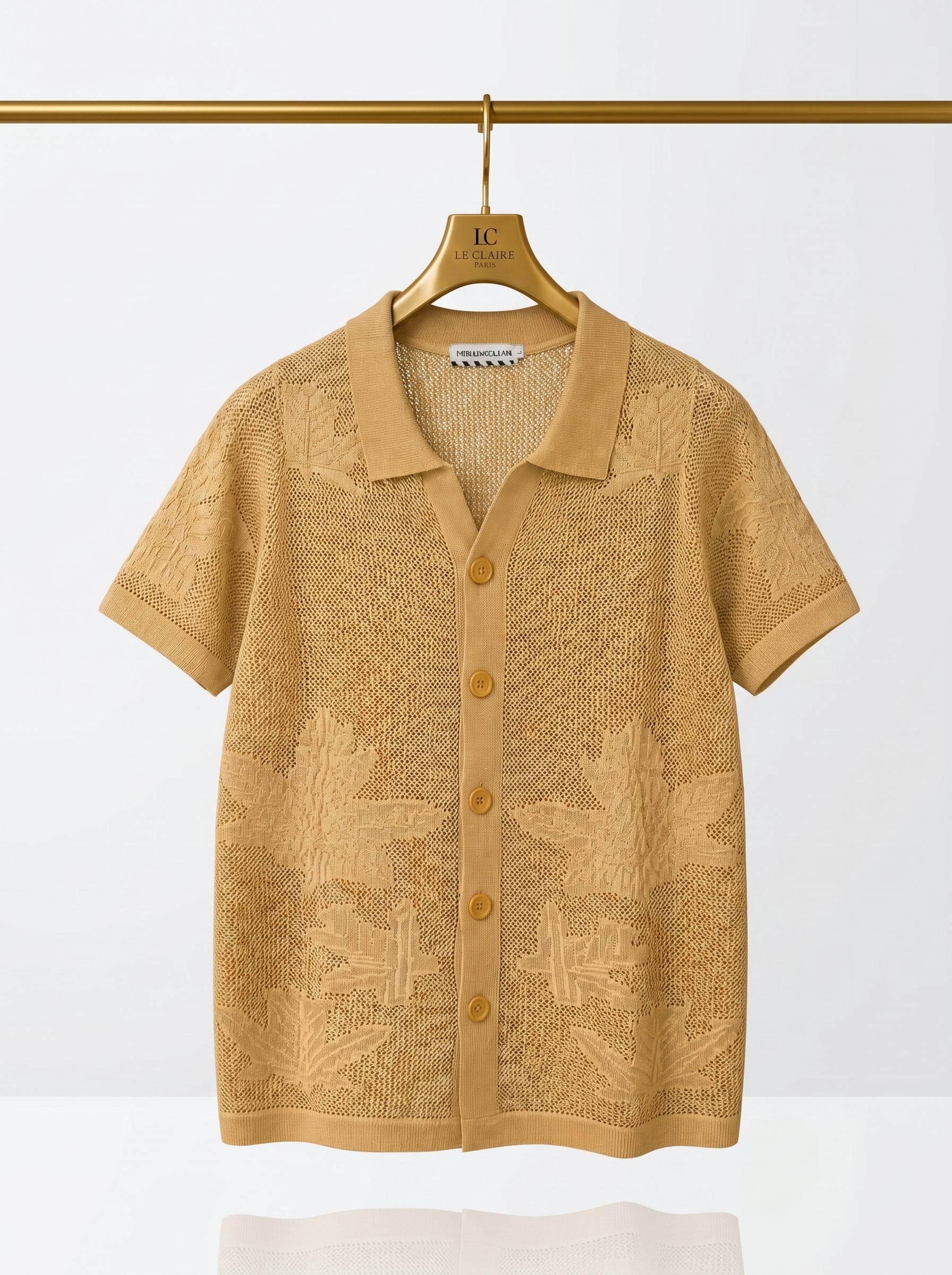 Vintage Leaf Pattern Textured Knit Polo Shirt – Short Sleeve Button-Up Cardigan