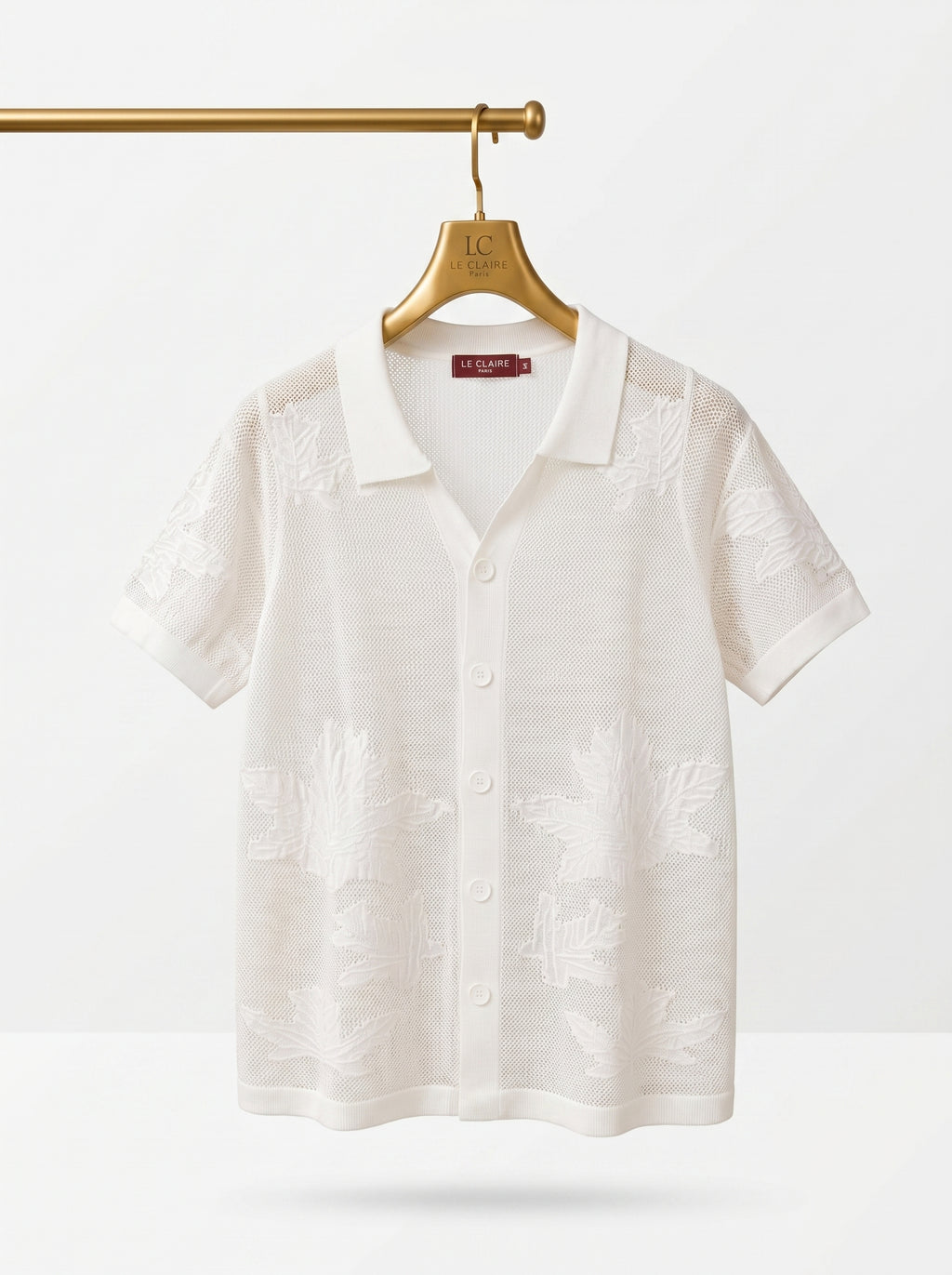 Vintage Leaf Pattern Textured Knit Polo Shirt – Short Sleeve Button-Up Cardigan