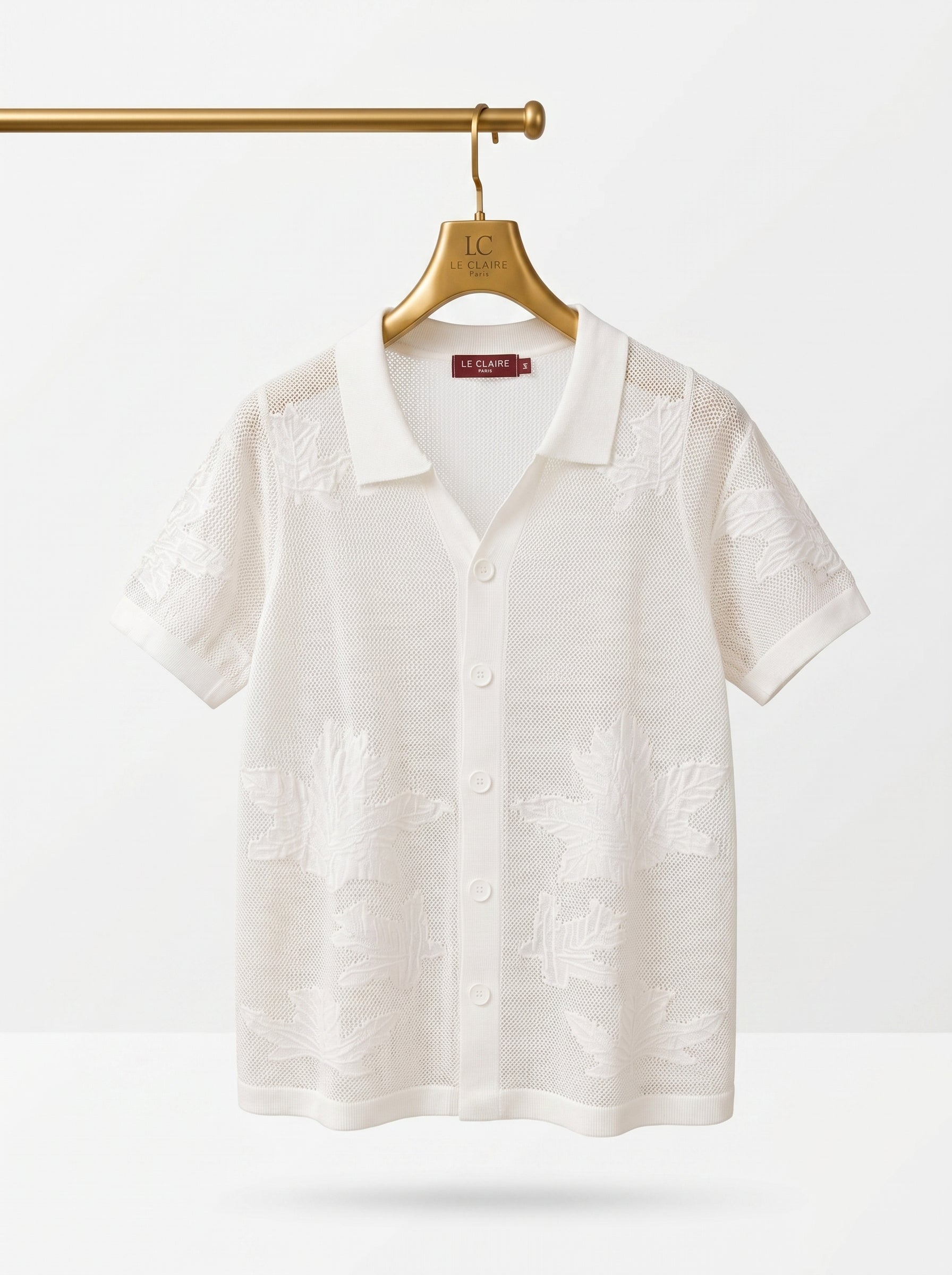Vintage Leaf Pattern Textured Knit Polo Shirt – Short Sleeve Button-Up Cardigan