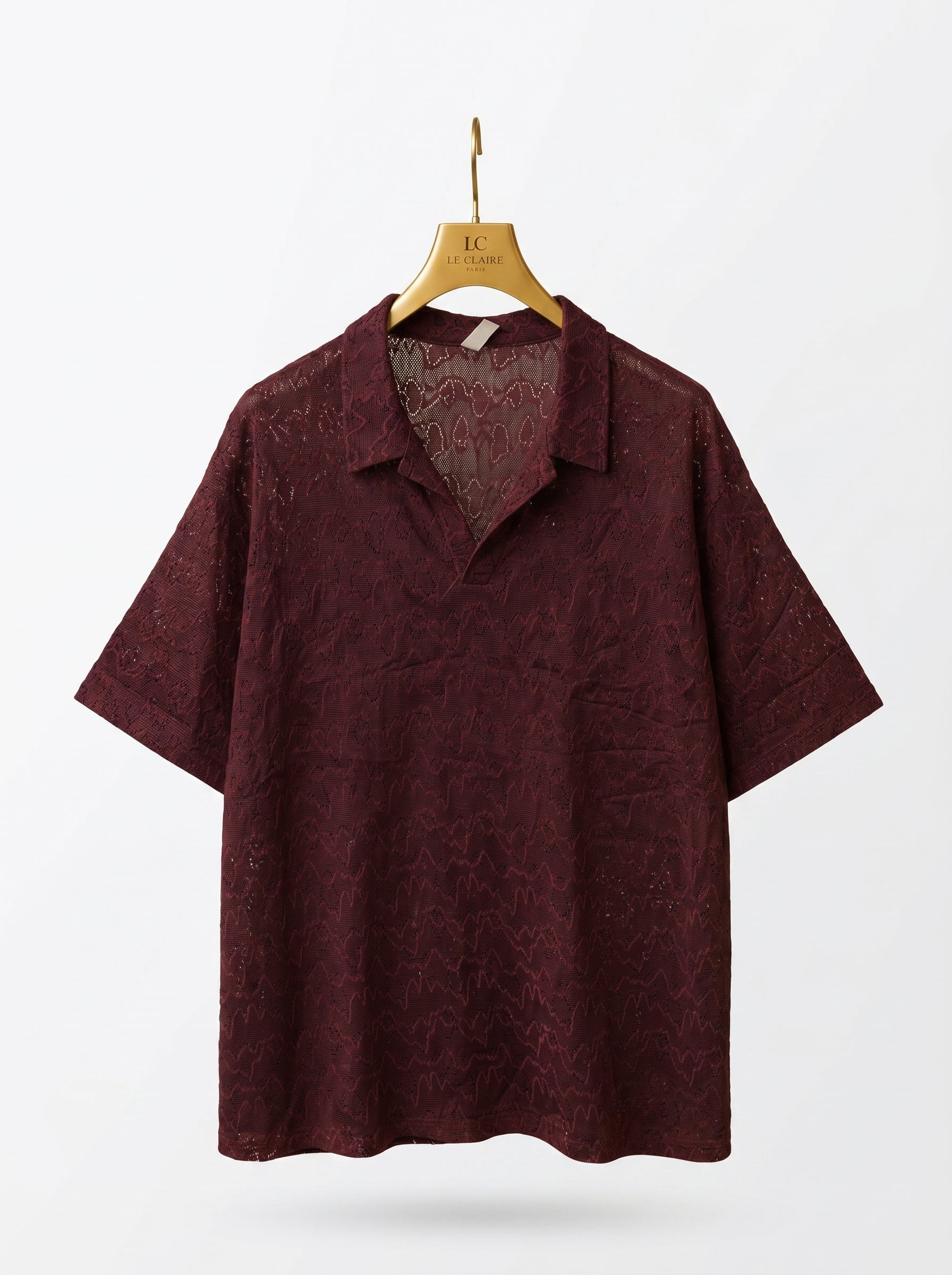 Vintage Leaf Pattern Textured Knit Polo Shirt – Short Sleeve Button-Up Cardigan