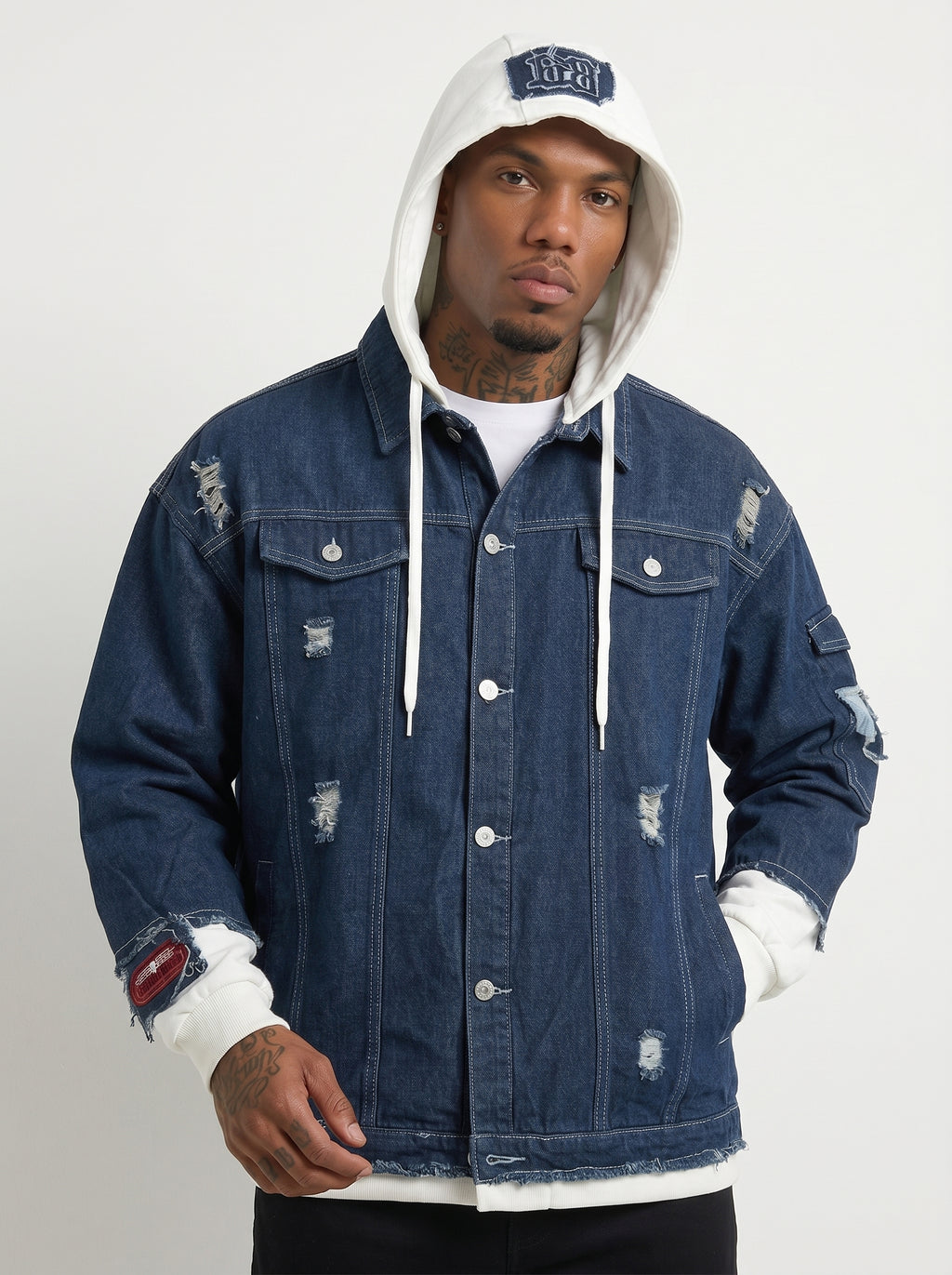 Men's Distressed Denim Jacket with Contrast Hood – Oversized Frayed Jean Jacket with Patch Details