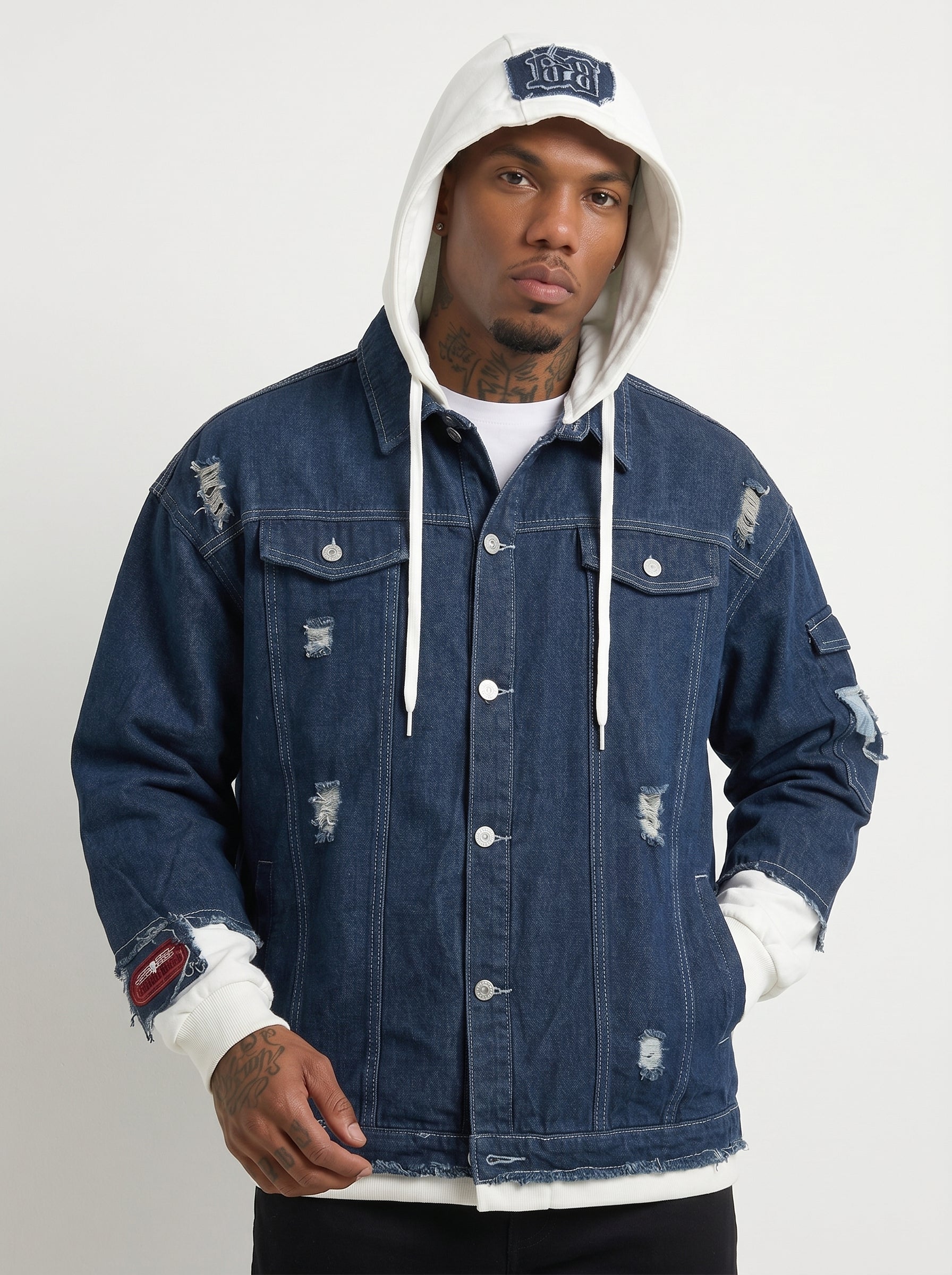 Men's Distressed Denim Jacket with Contrast Hood – Oversized Frayed Jean Jacket with Patch Details