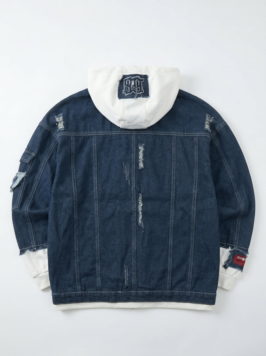 Men's Distressed Denim Jacket with Contrast Hood – Oversized Frayed Jean Jacket with Patch Details