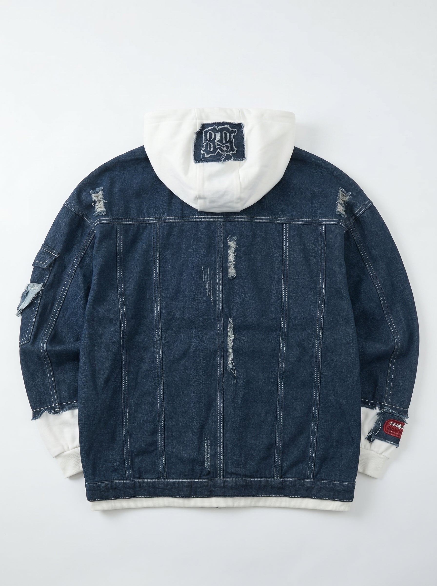 Men's Distressed Denim Jacket with Contrast Hood – Oversized Frayed Jean Jacket with Patch Details