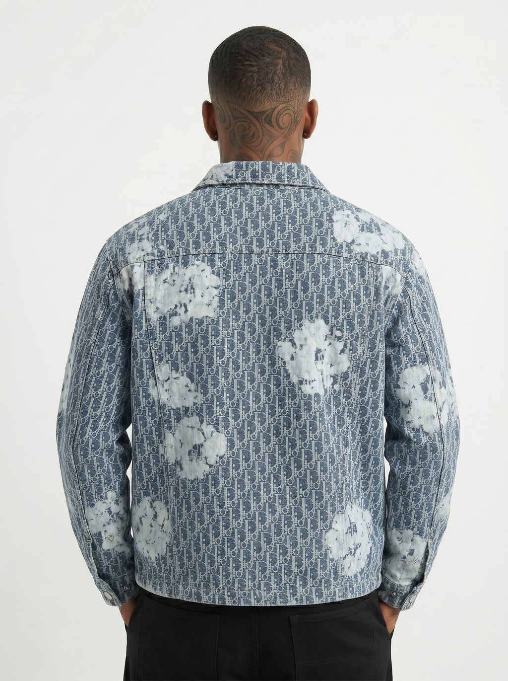 Luxury Designer All-Over Monogram Print Denim Shirt Jacket with Abstract Bleach Effect