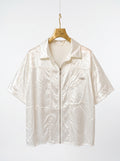 Luxury Off-White Satin Zip-Up Short Sleeve Shirt - Retro Y2K Streetwear Camp Collar Top