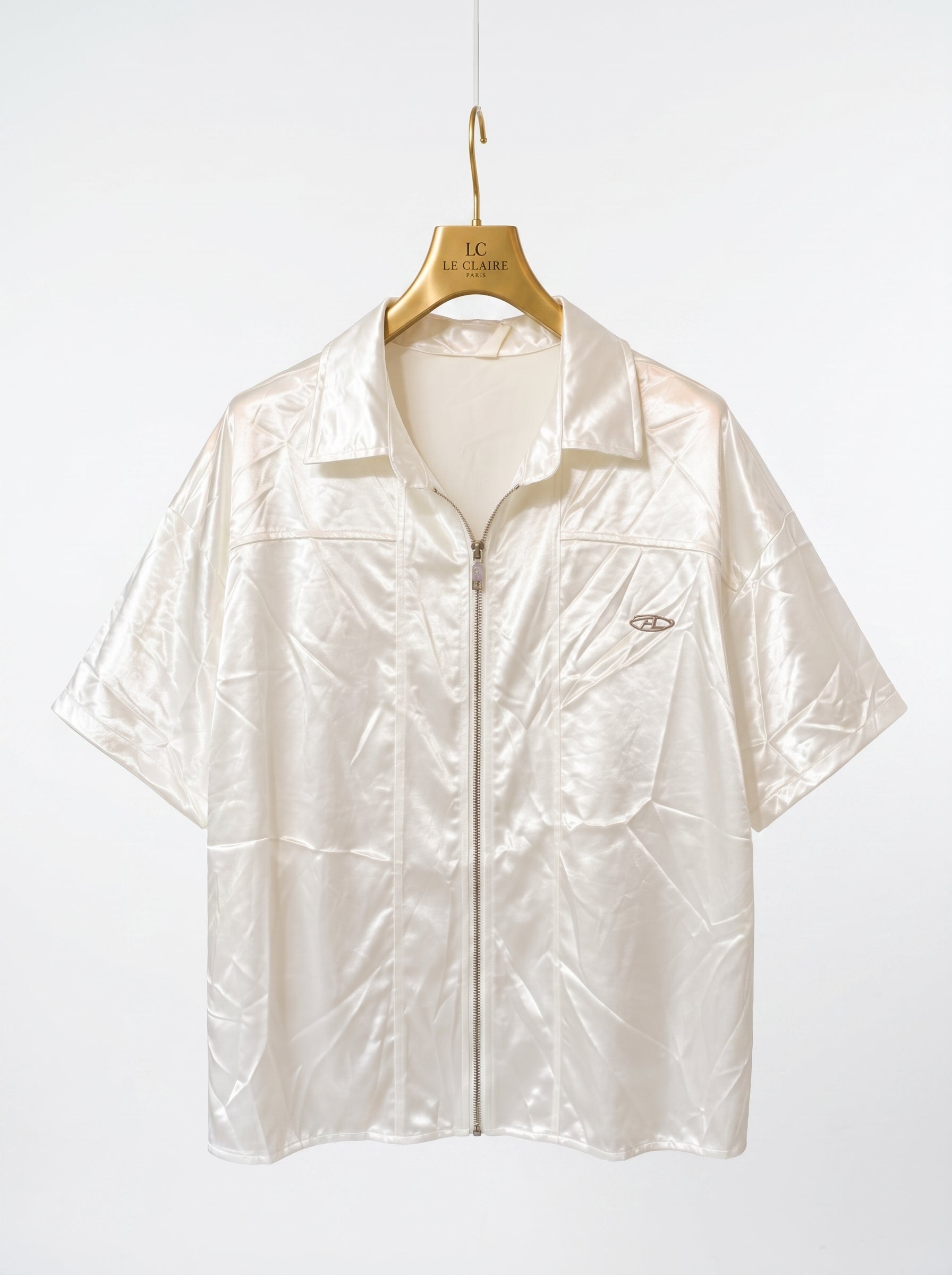 Luxury Off-White Satin Zip-Up Short Sleeve Shirt - Retro Y2K Streetwear Camp Collar Top