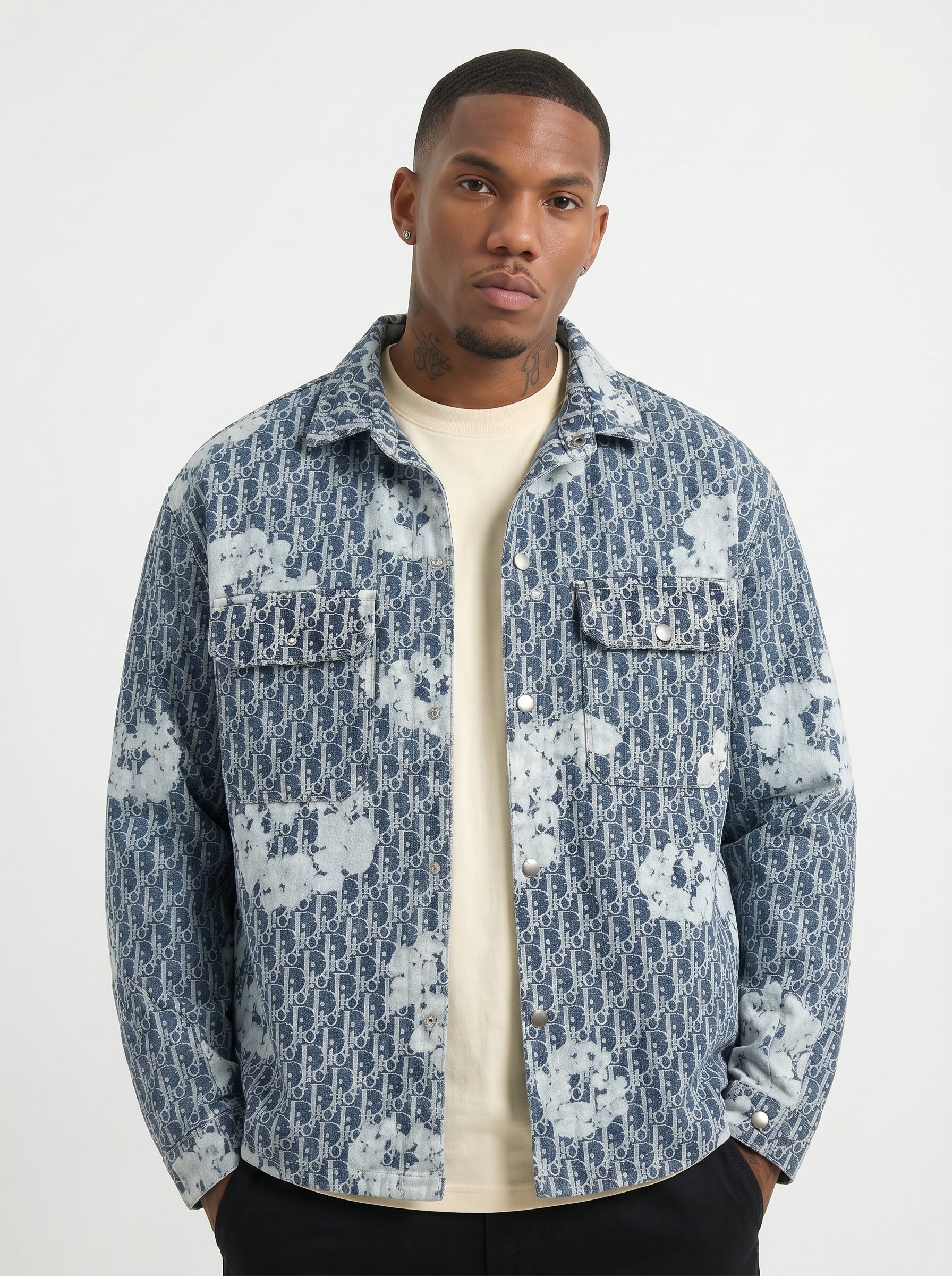 Luxury Designer All-Over Monogram Print Denim Shirt Jacket with Abstract Bleach Effect
