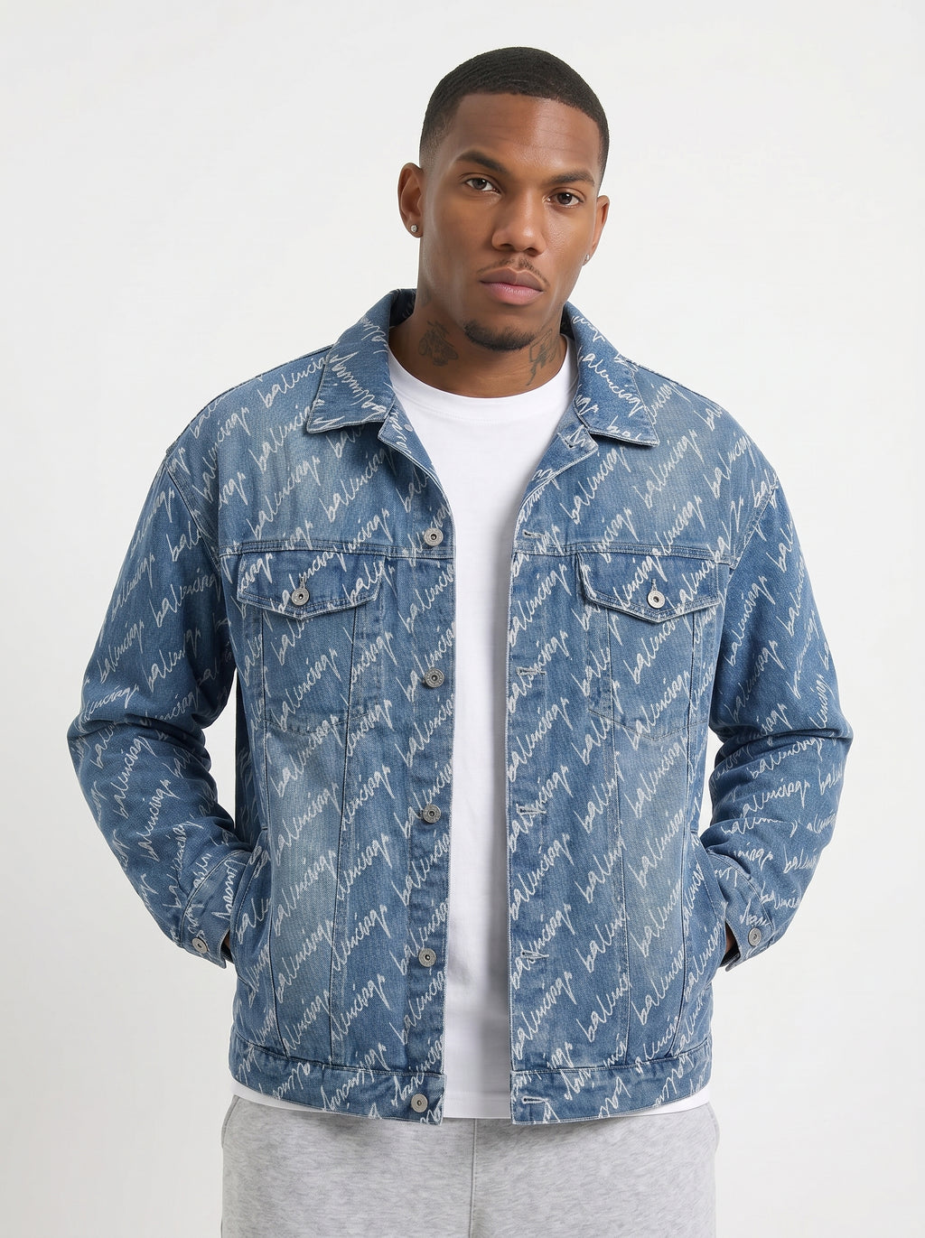 Balenciaga Cursive Logo Print Denim Jacket – Men's Luxury Light Blue Button-Up Jean Jacket