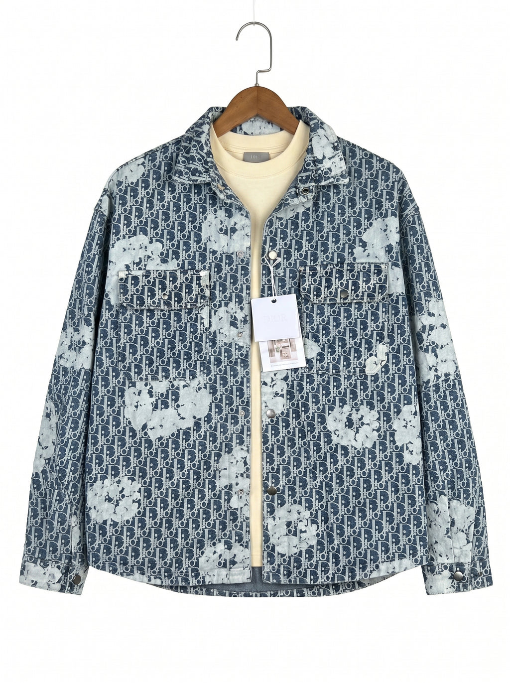 Luxury Designer All-Over Monogram Print Denim Shirt Jacket with Abstract Bleach Effect