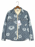 Luxury Designer All-Over Monogram Print Denim Shirt Jacket with Abstract Bleach Effect