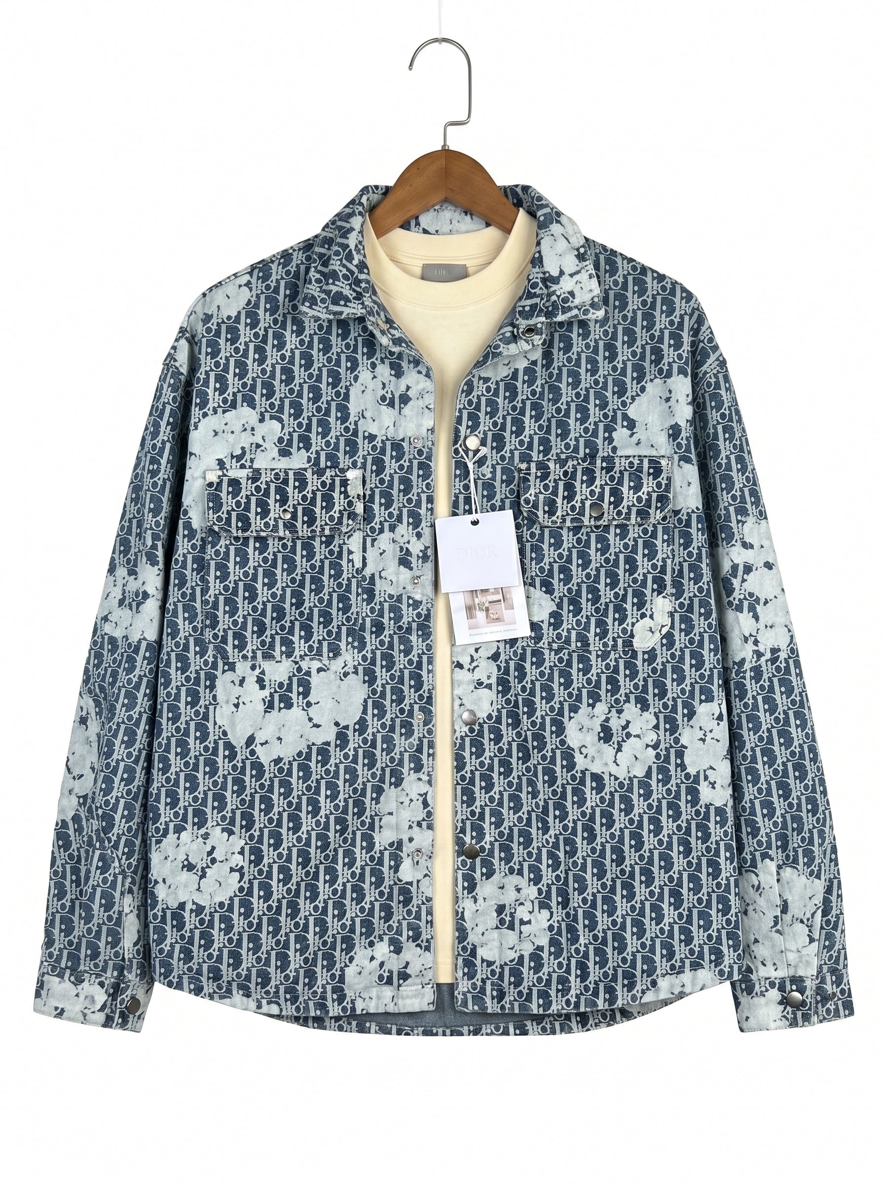 Luxury Designer All-Over Monogram Print Denim Shirt Jacket with Abstract Bleach Effect