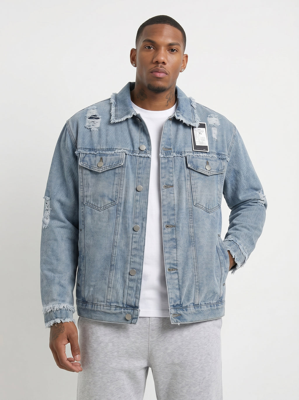 Men's Heavily Distressed Light Wash Denim Jacket – Oversized Ripped Jean Jacket with Frayed Edges