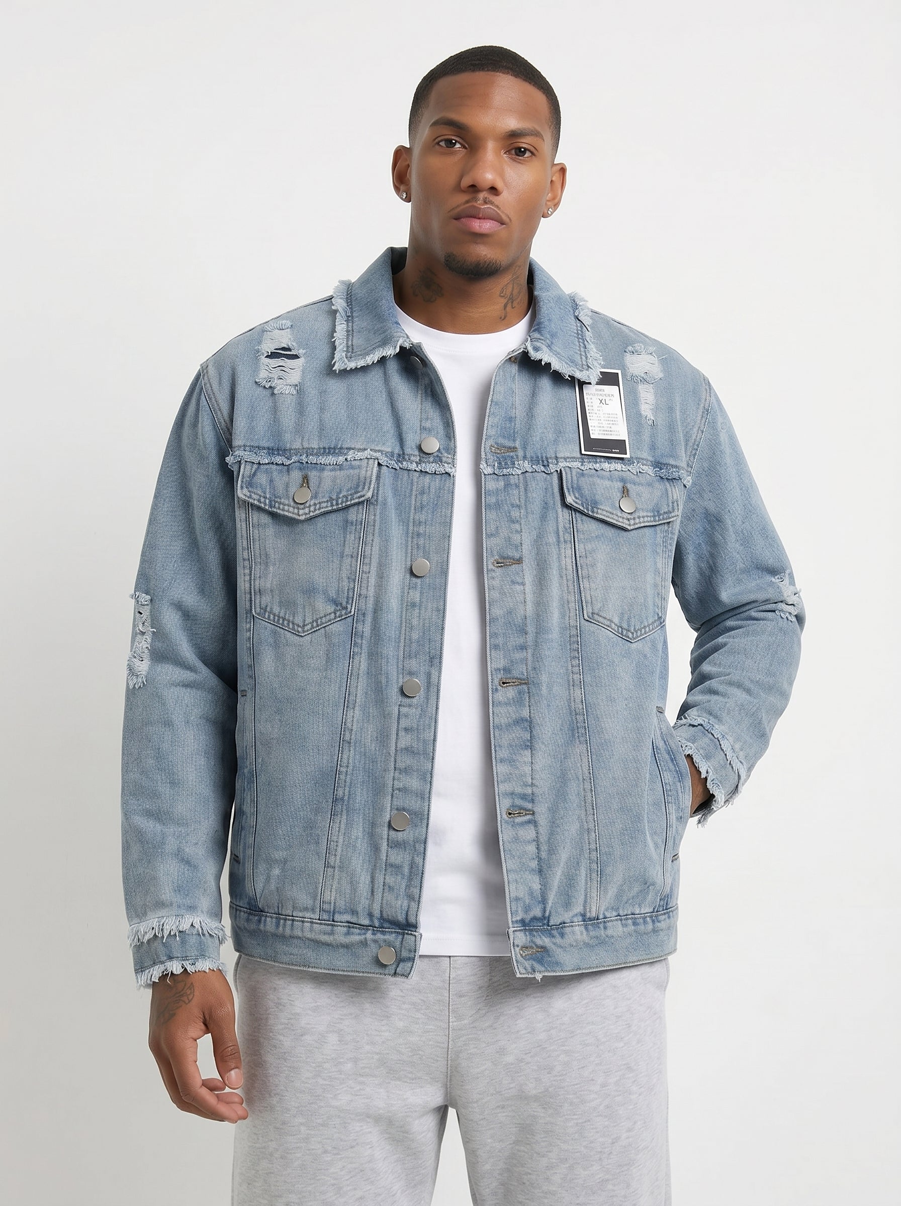 Men's Heavily Distressed Light Wash Denim Jacket – Oversized Ripped Jean Jacket with Frayed Edges