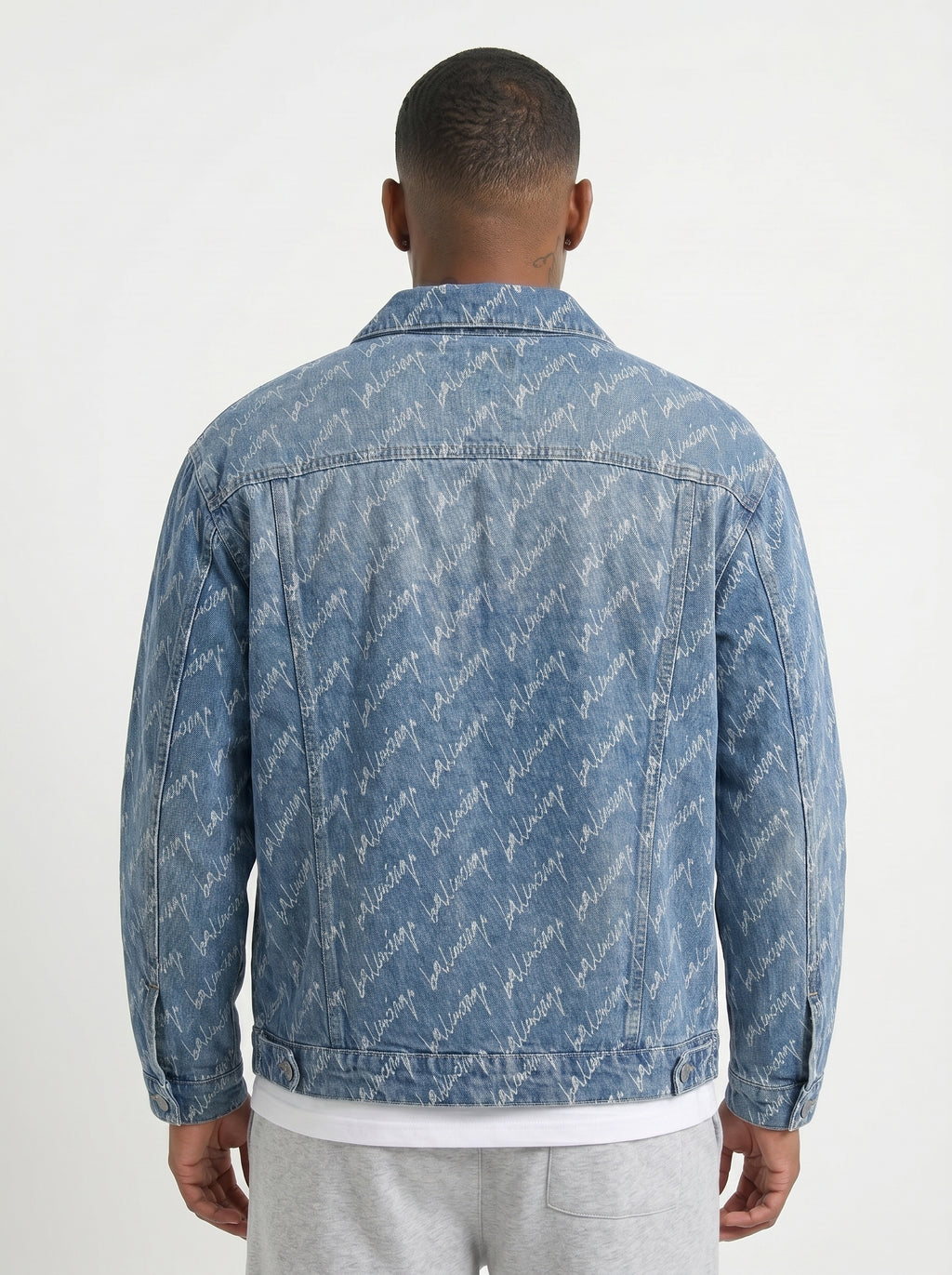 Balenciaga Cursive Logo Print Denim Jacket – Men's Luxury Light Blue Button-Up Jean Jacket