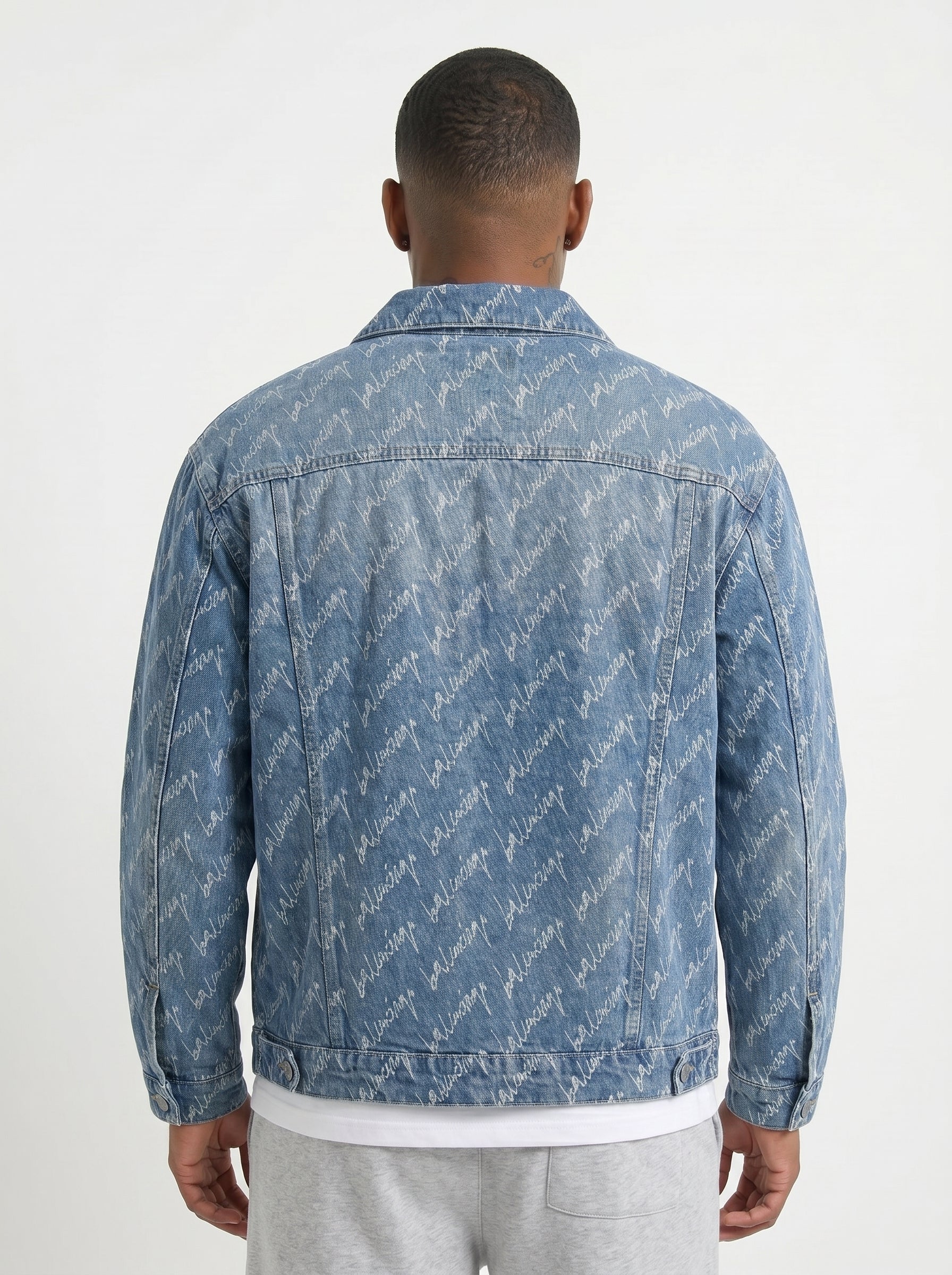 Balenciaga Cursive Logo Print Denim Jacket – Men's Luxury Light Blue Button-Up Jean Jacket