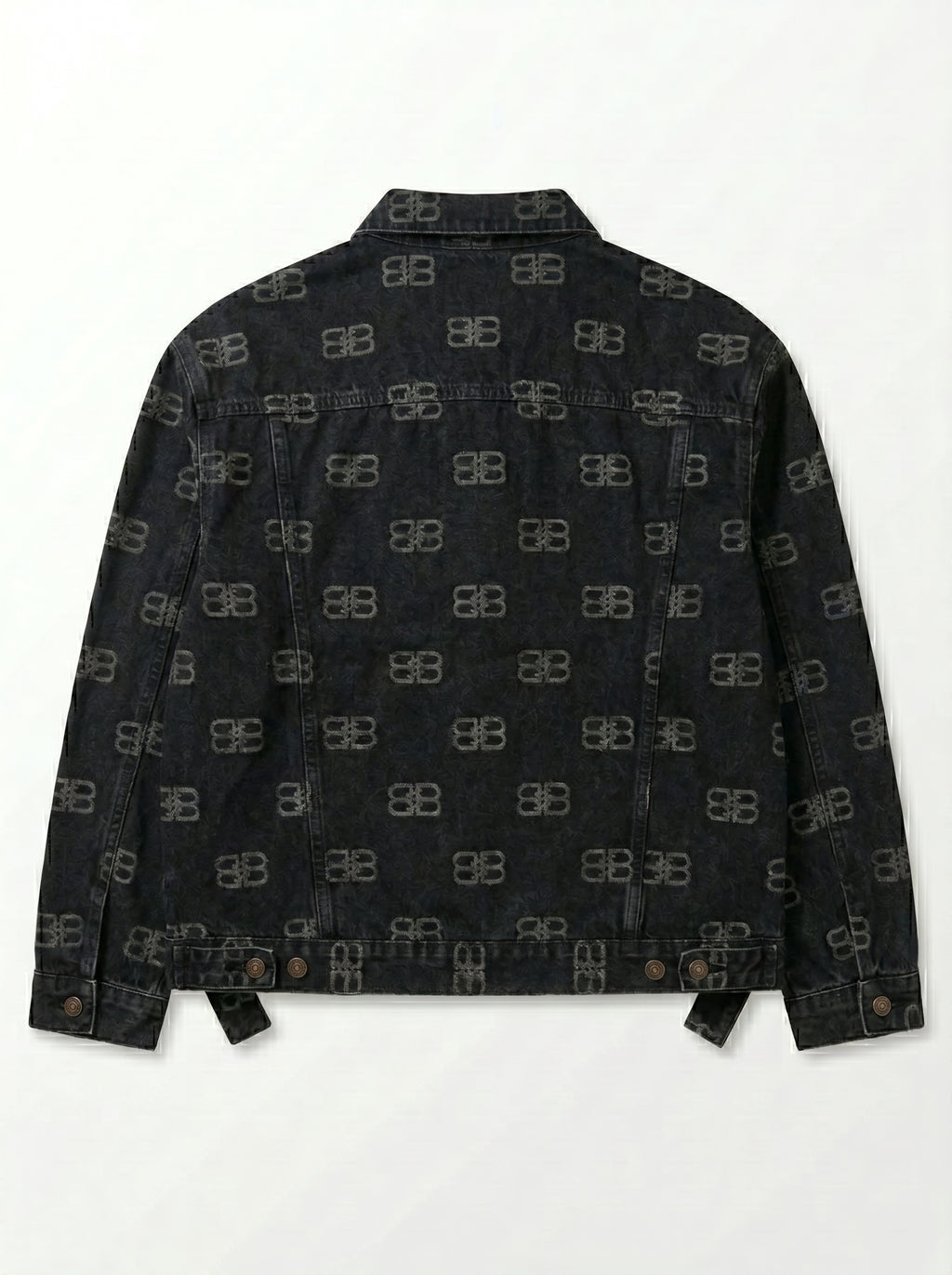 Luxury Faded Black Denim Trucker Jacket with All-Over Monogram Print