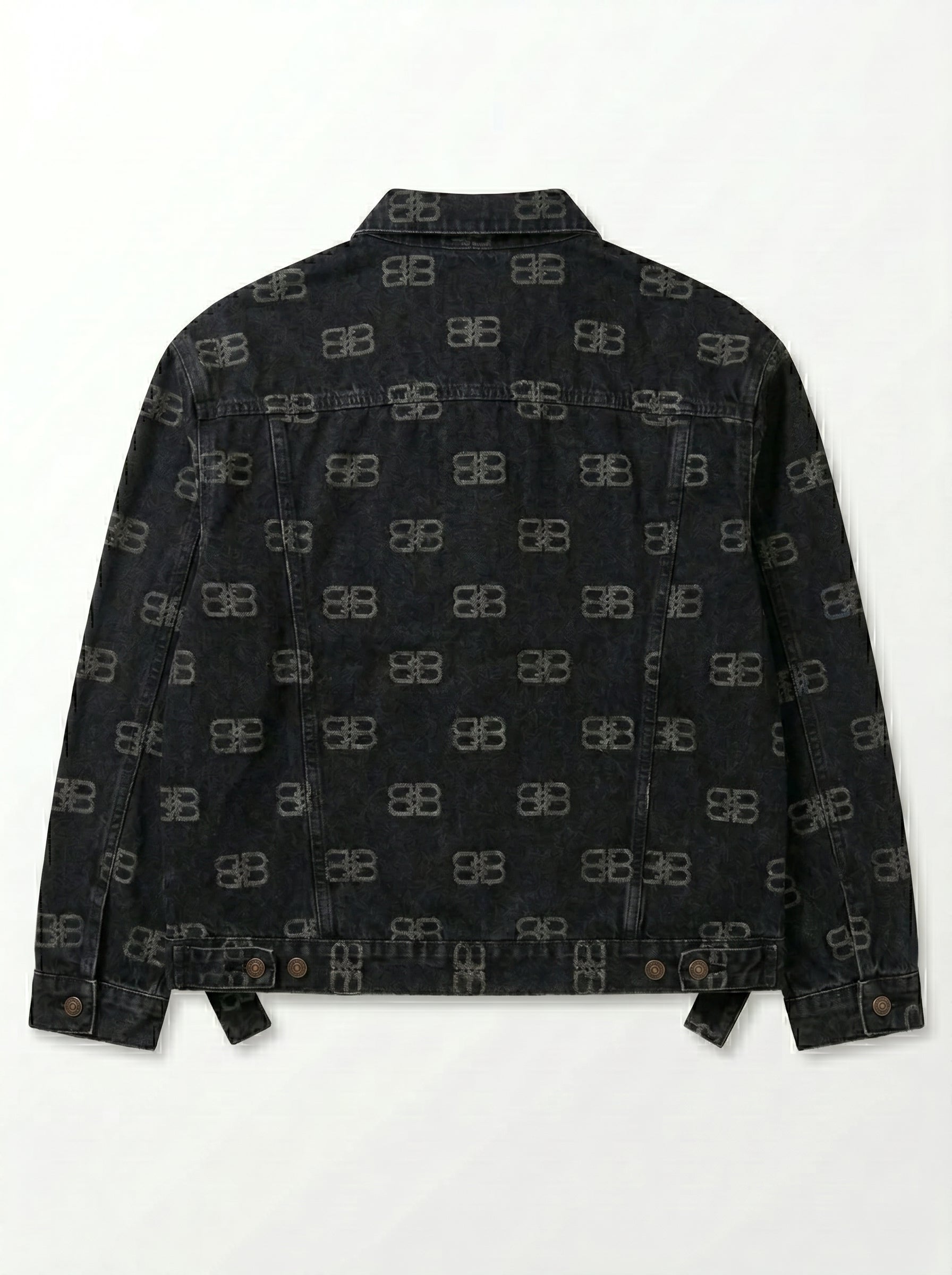 Luxury Faded Black Denim Trucker Jacket with All-Over Monogram Print