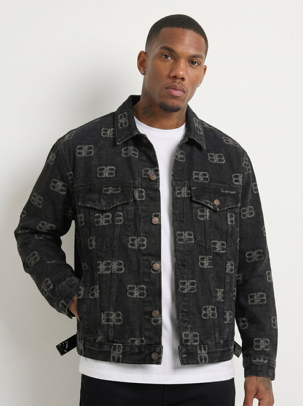 Luxury Faded Black Denim Trucker Jacket with All-Over Monogram Print