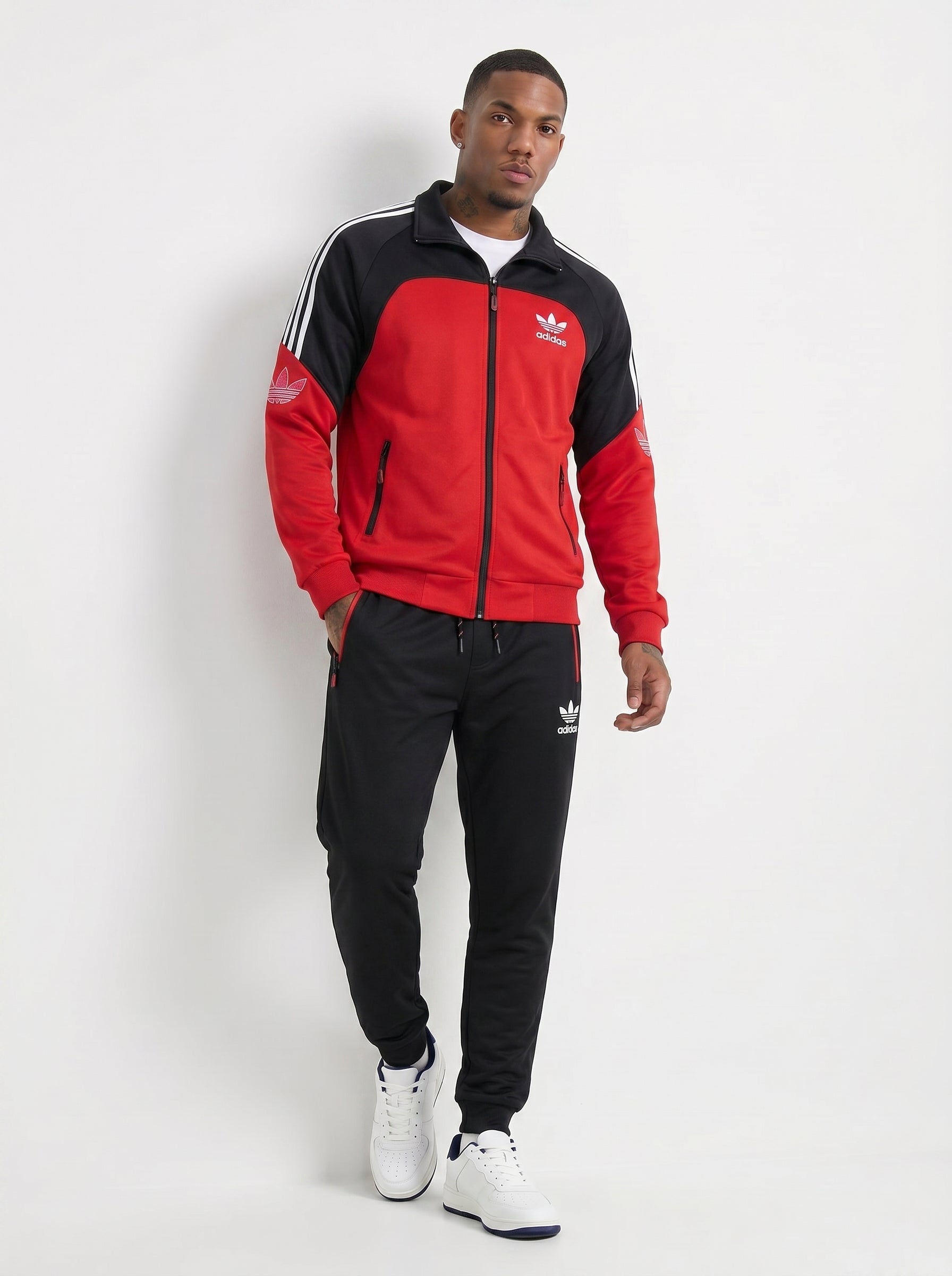 Adidas Men's Colorblock Tracksuit Set – Red and Black Full-Zip Track Jacket and Joggers Trefoil Sportswear