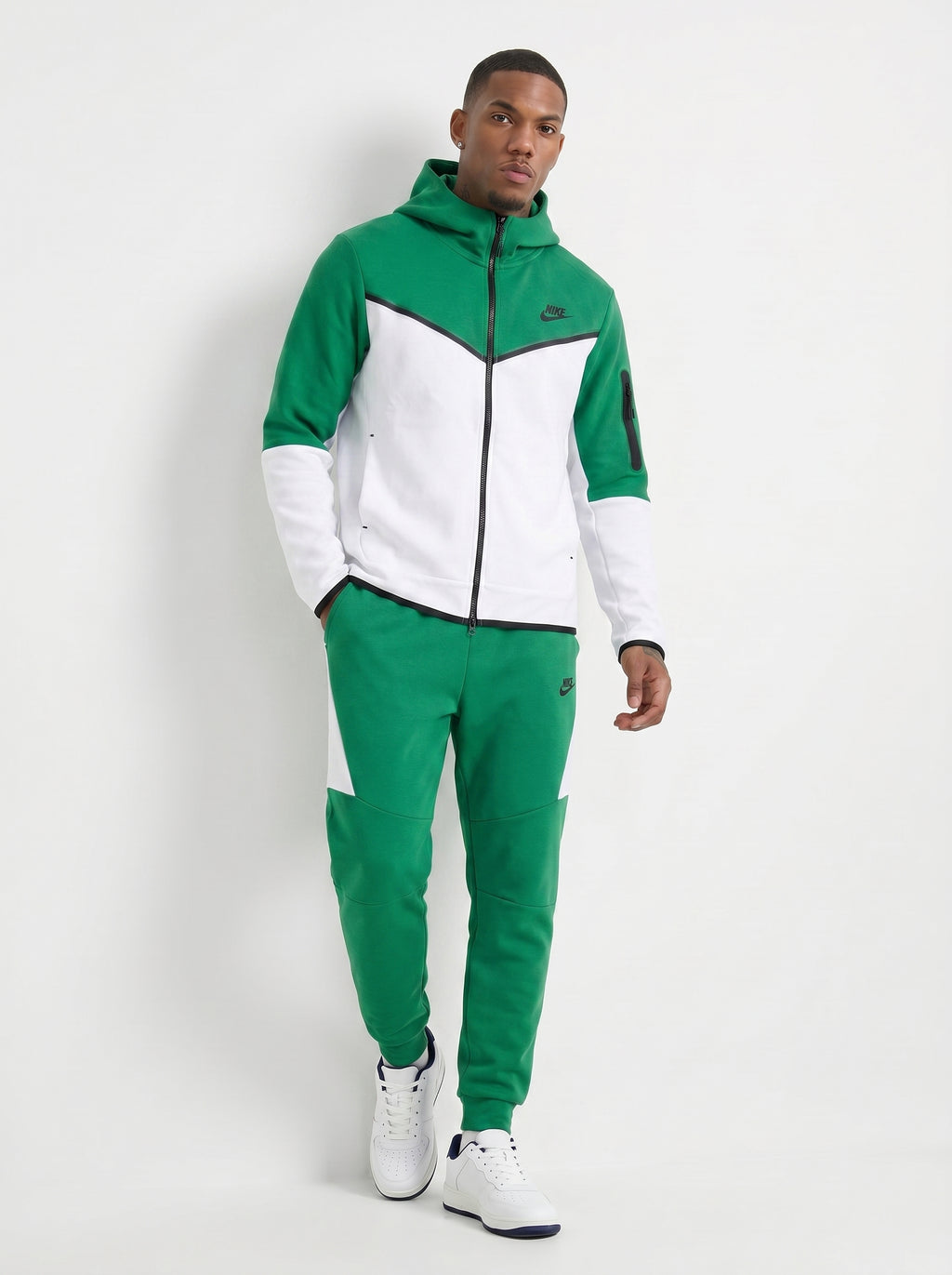 Nike Men's Colorblock Tracksuit Set – Green and White Full-Zip Tech Hoodie and Joggers Fleece Sportswear Set