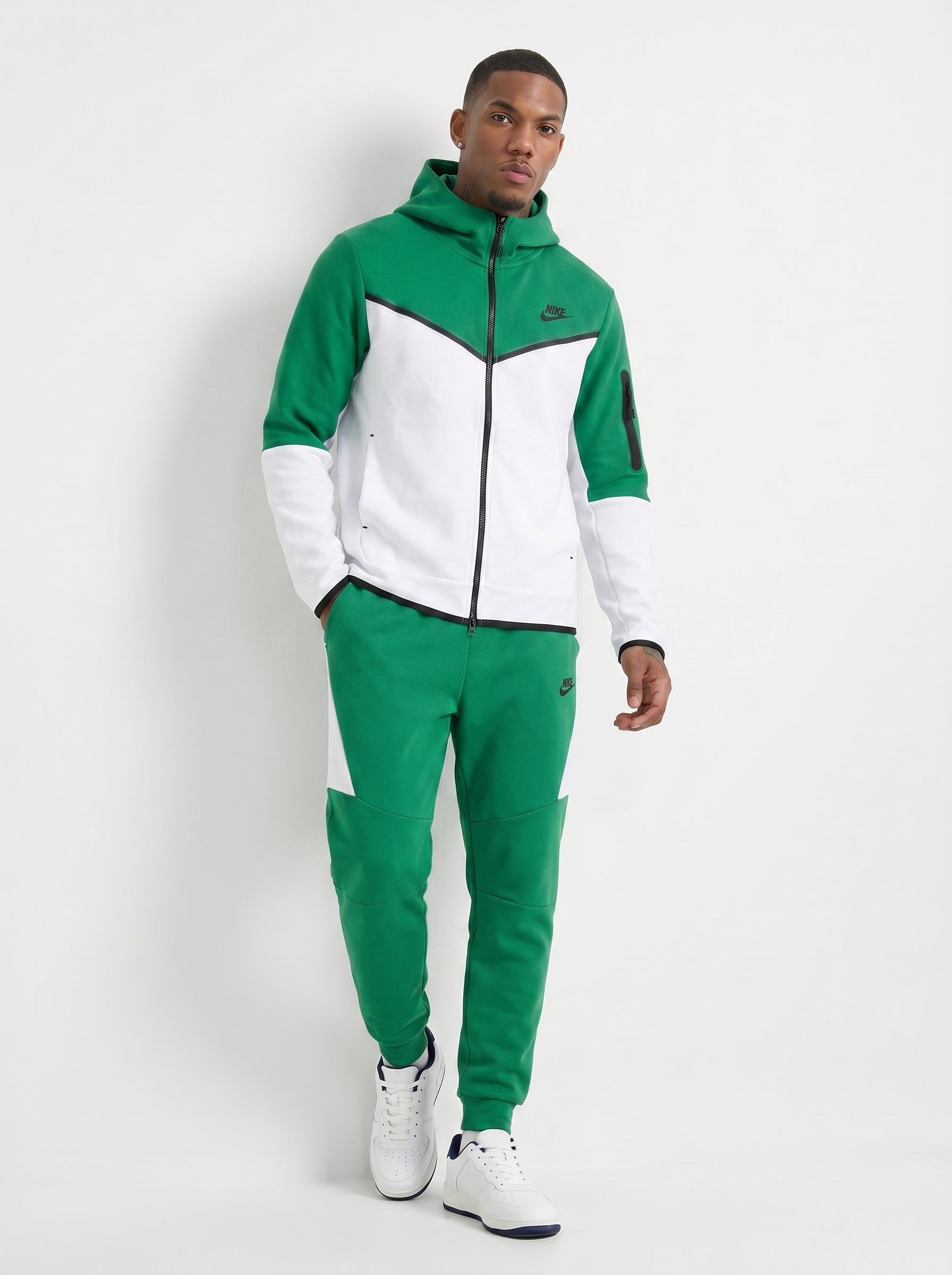 Nike Men's Colorblock Tracksuit Set – Green and White Full-Zip Tech Hoodie and Joggers Fleece Sportswear Set