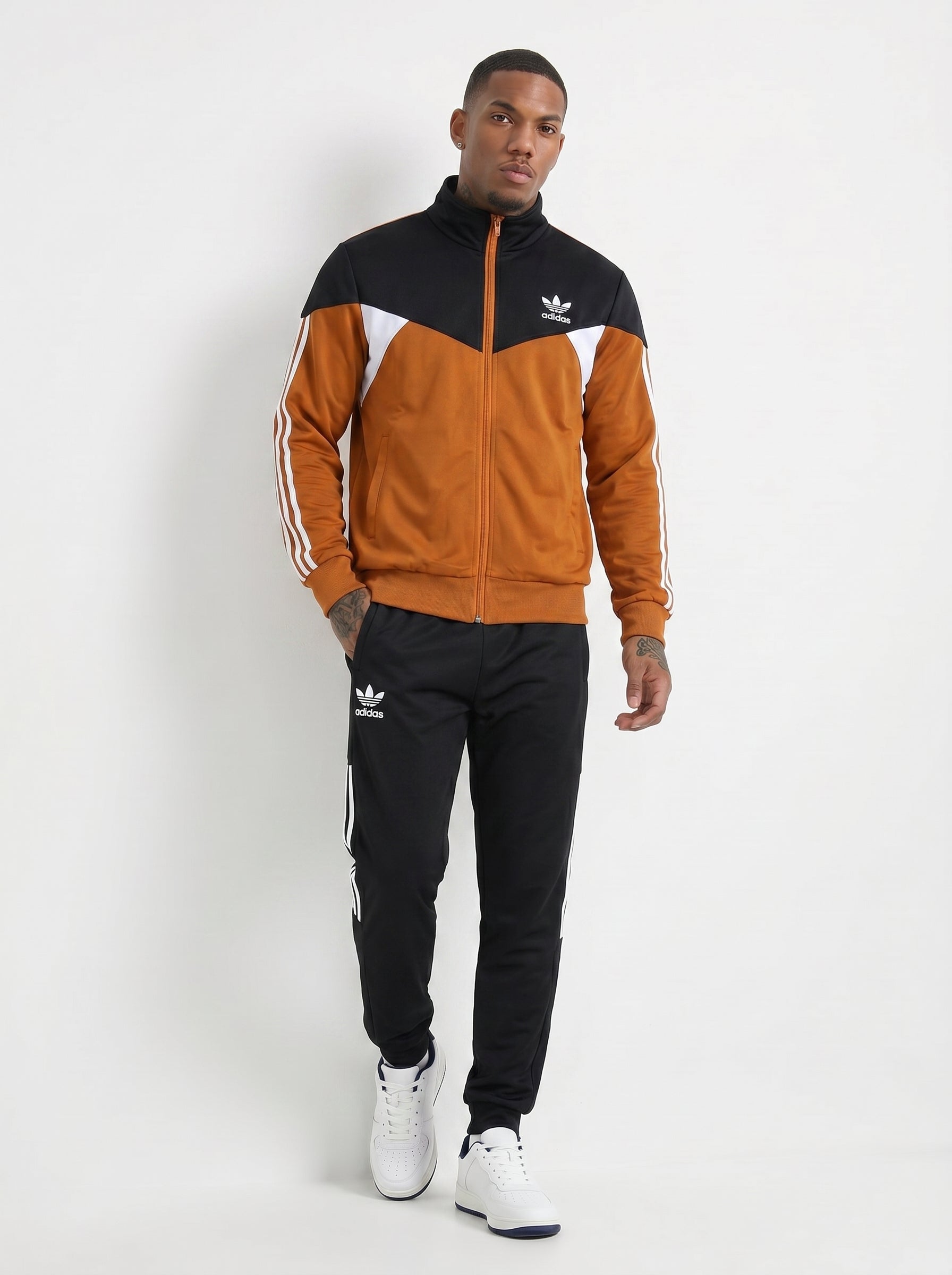 Adidas Men's Vintage Colorblock Tracksuit Set | Jacket & Pants | Brown, Black & White