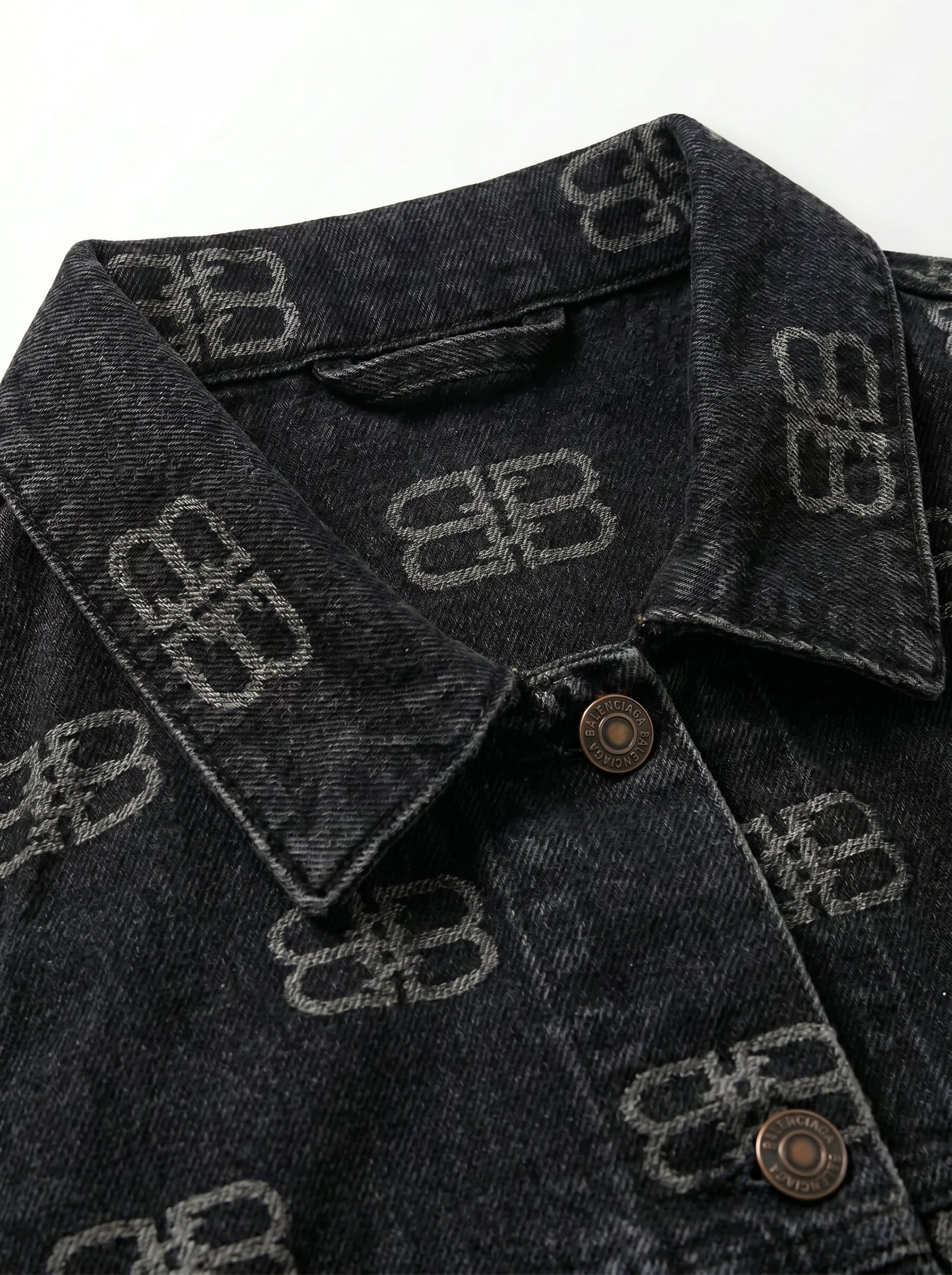 Luxury Faded Black Denim Trucker Jacket with All-Over Monogram Print