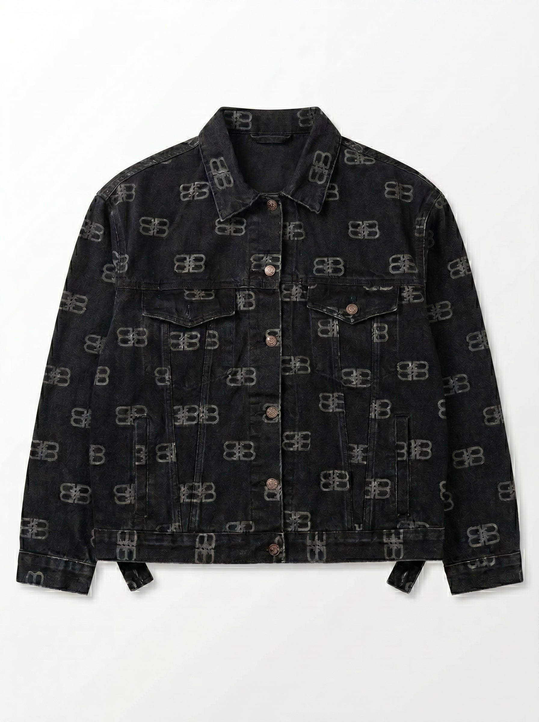 Luxury Faded Black Denim Trucker Jacket with All-Over Monogram Print