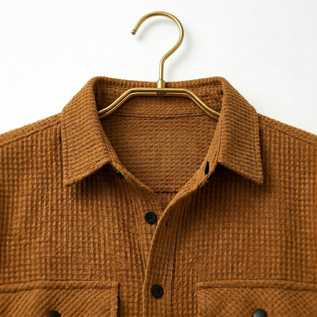 Men's Waffle Knit Overshirt – Textured Button-Down Shacket with Dual Chest Pockets
