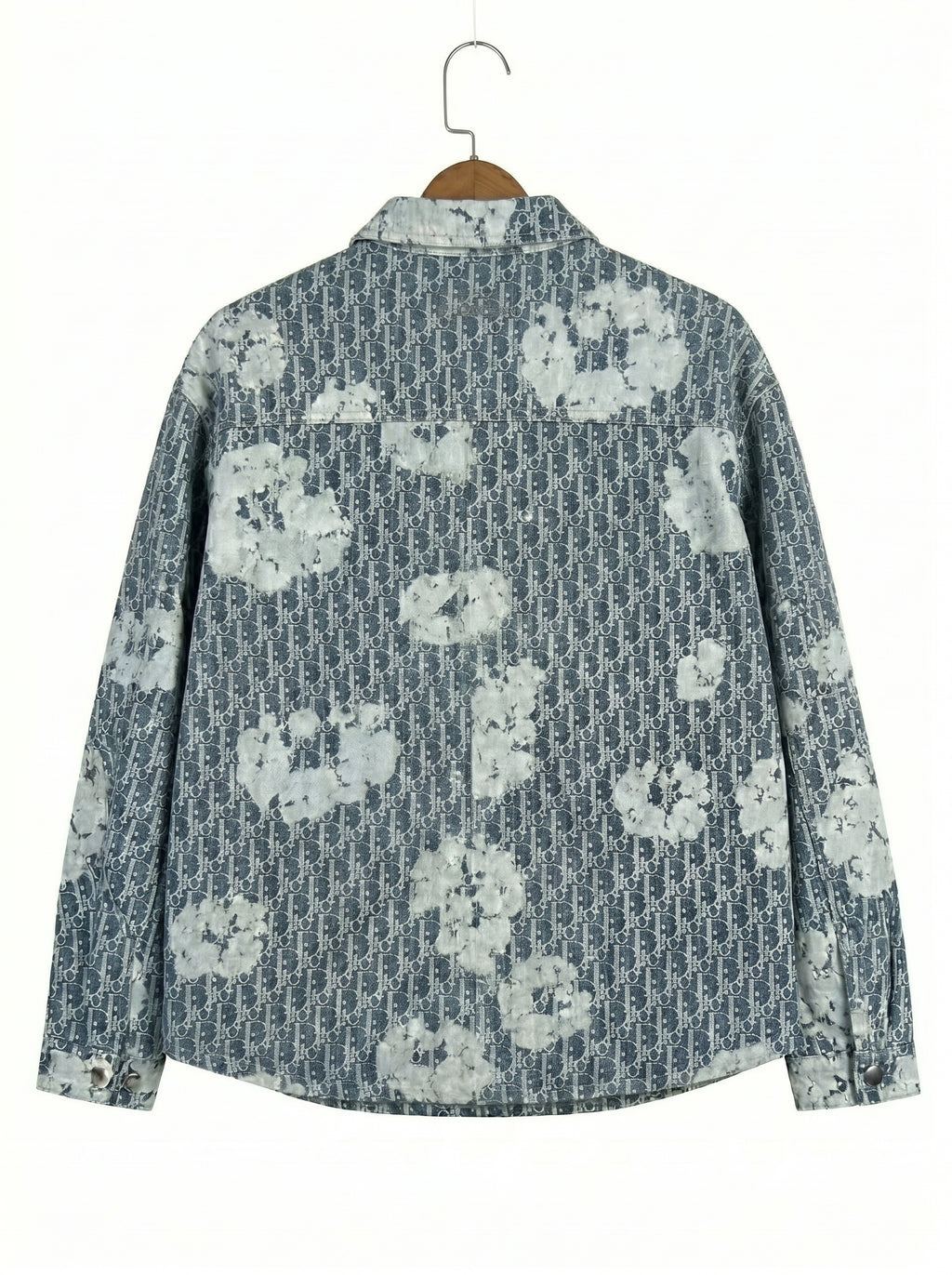 Luxury Designer All-Over Monogram Print Denim Shirt Jacket with Abstract Bleach Effect
