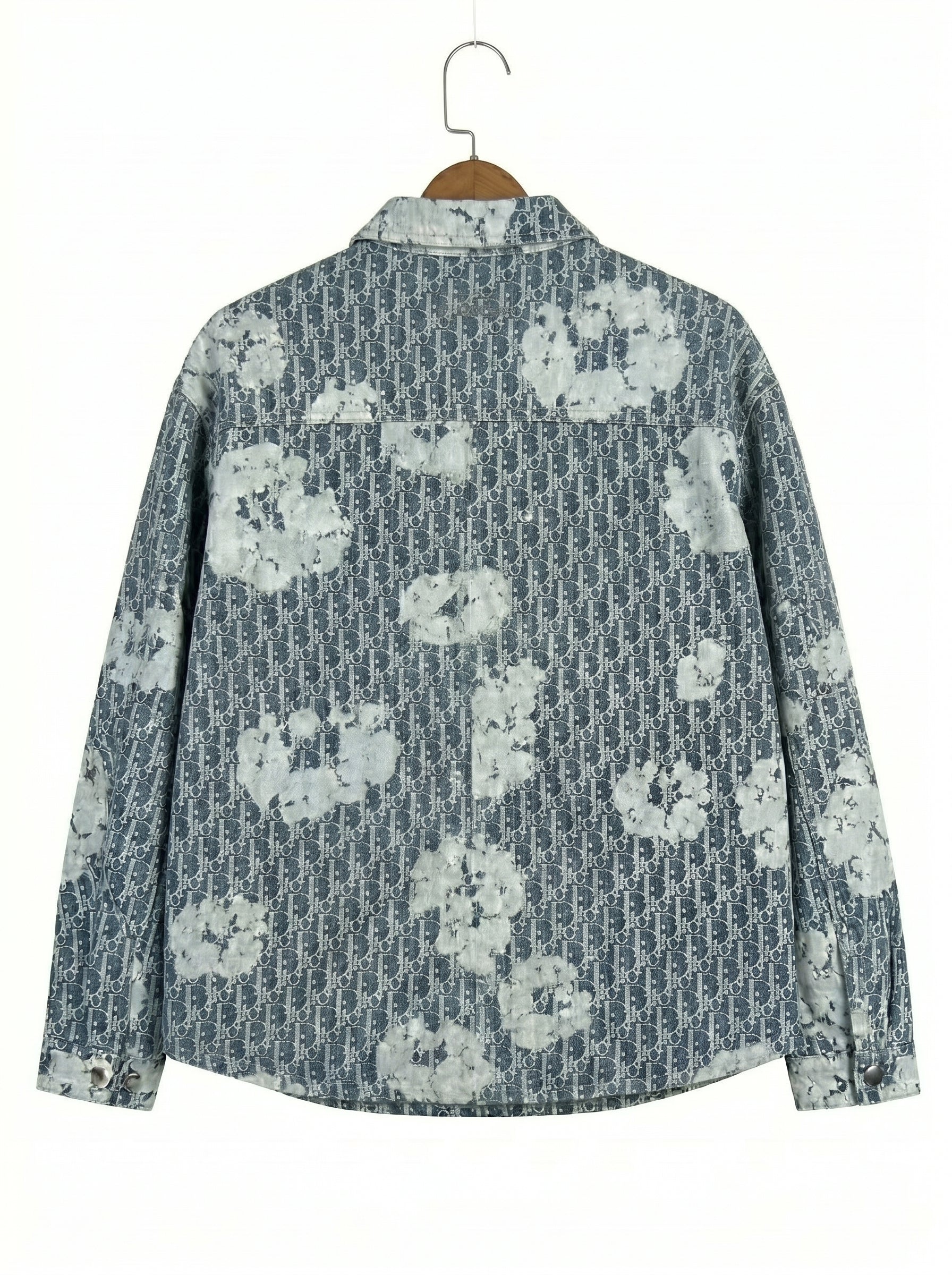 Luxury Designer All-Over Monogram Print Denim Shirt Jacket with Abstract Bleach Effect