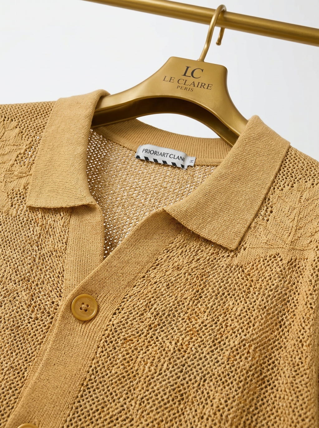 Vintage Leaf Pattern Textured Knit Polo Shirt – Short Sleeve Button-Up Cardigan