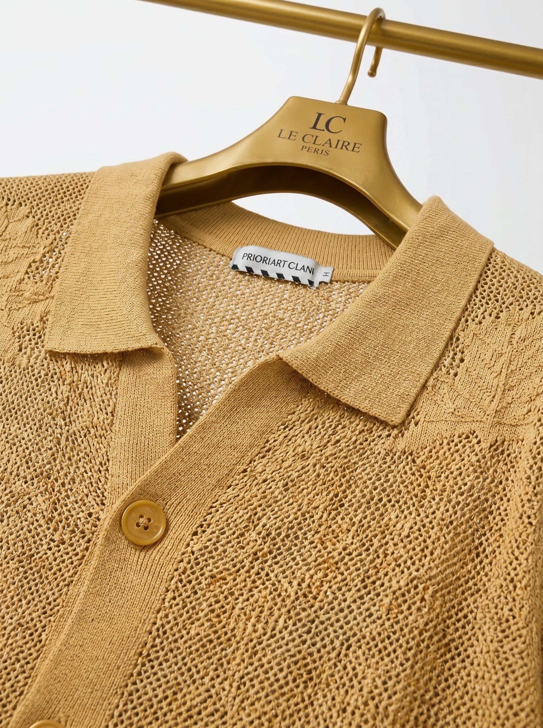 Vintage Leaf Pattern Textured Knit Polo Shirt – Short Sleeve Button-Up Cardigan