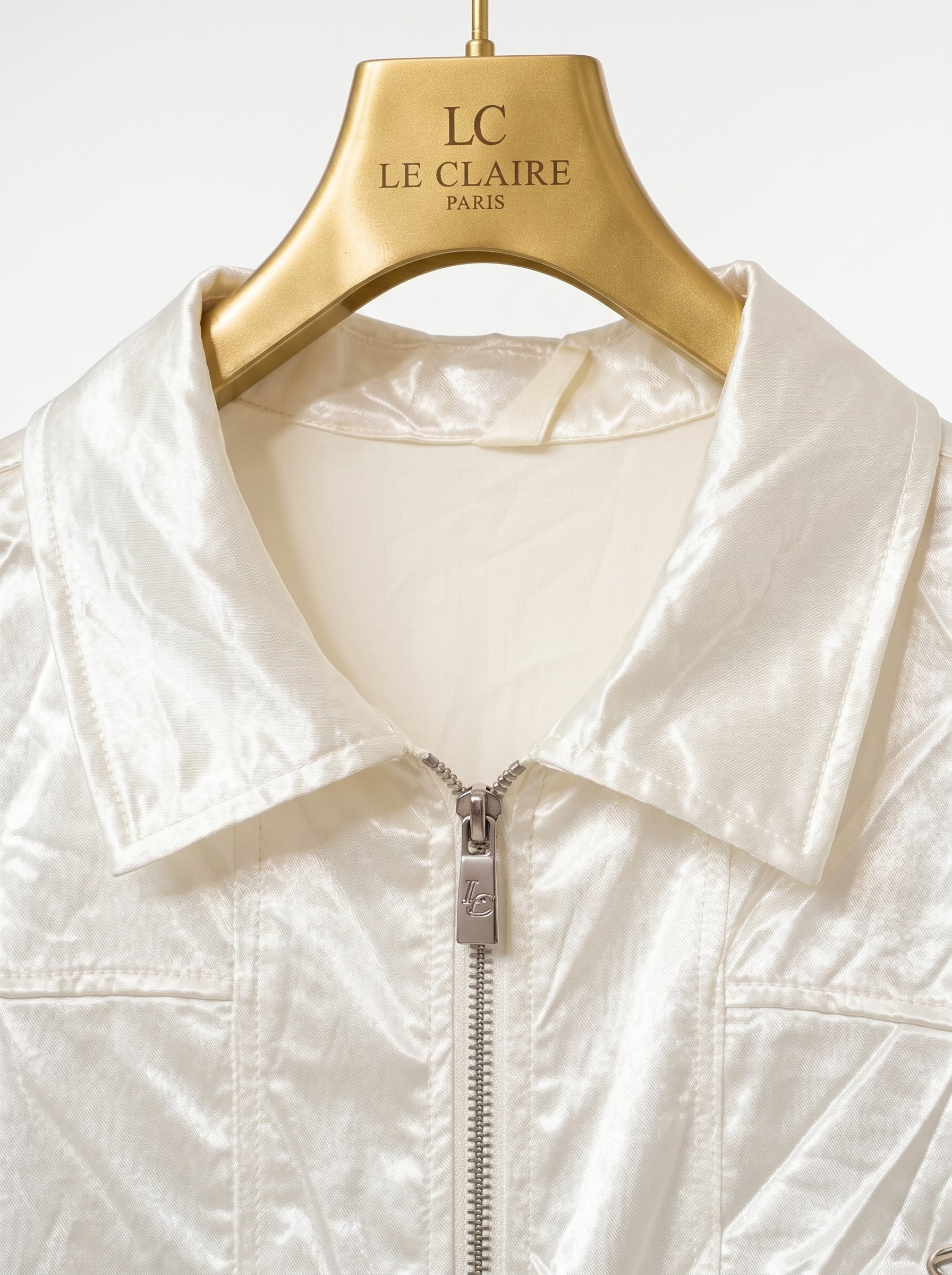 Luxury Off-White Satin Zip-Up Short Sleeve Shirt - Retro Y2K Streetwear Camp Collar Top